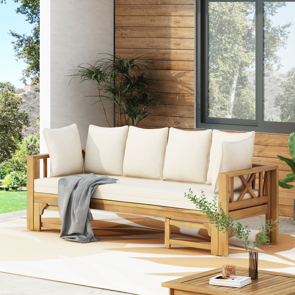 Teak Finish Outdoor Sofa, 78.5 in Wide