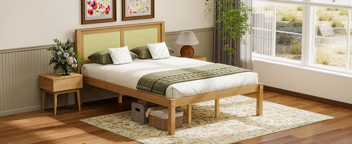 Wide front view of the wooden queen bed frame with two woven rattan headboard panels between nightstands