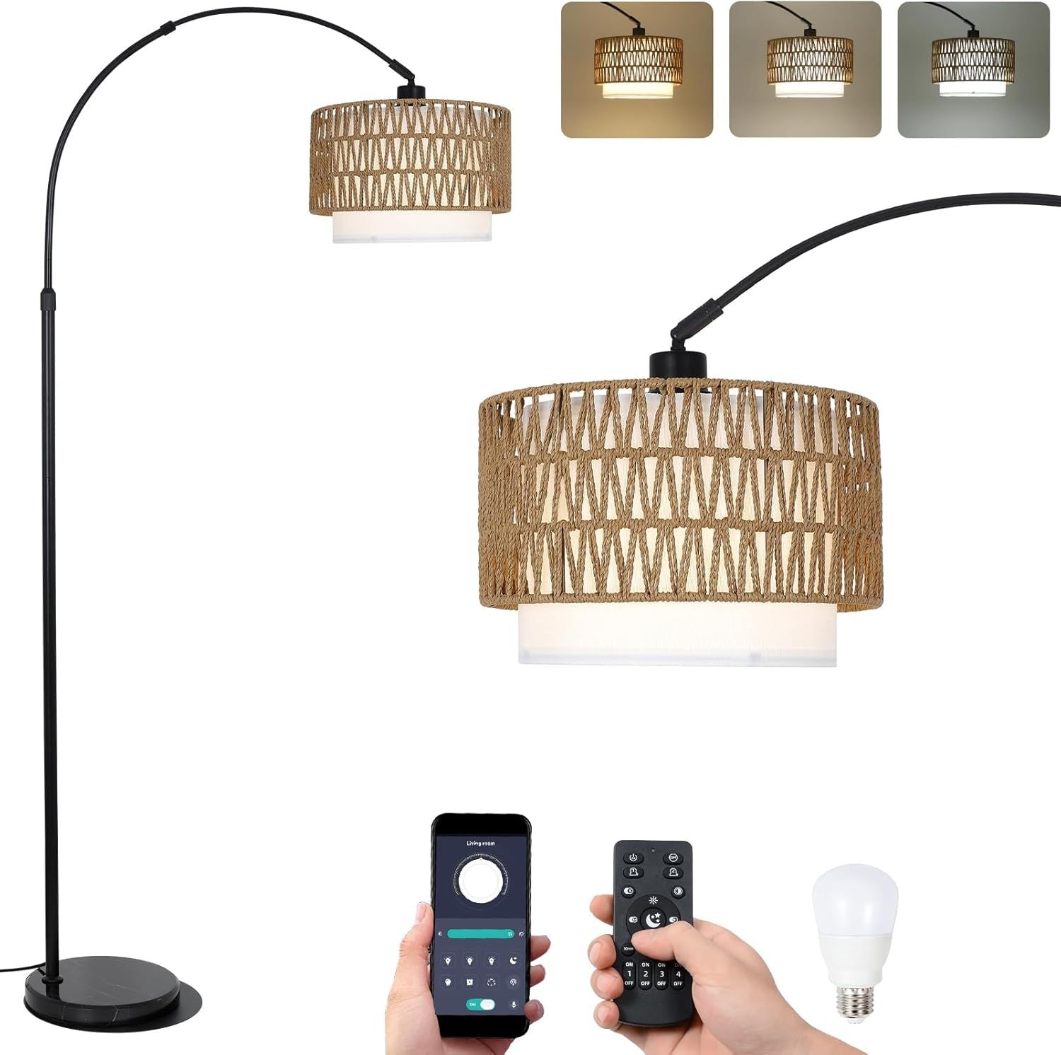 Rattan Arc Floor Lamp with Fabric Shade, Dimmable, Black