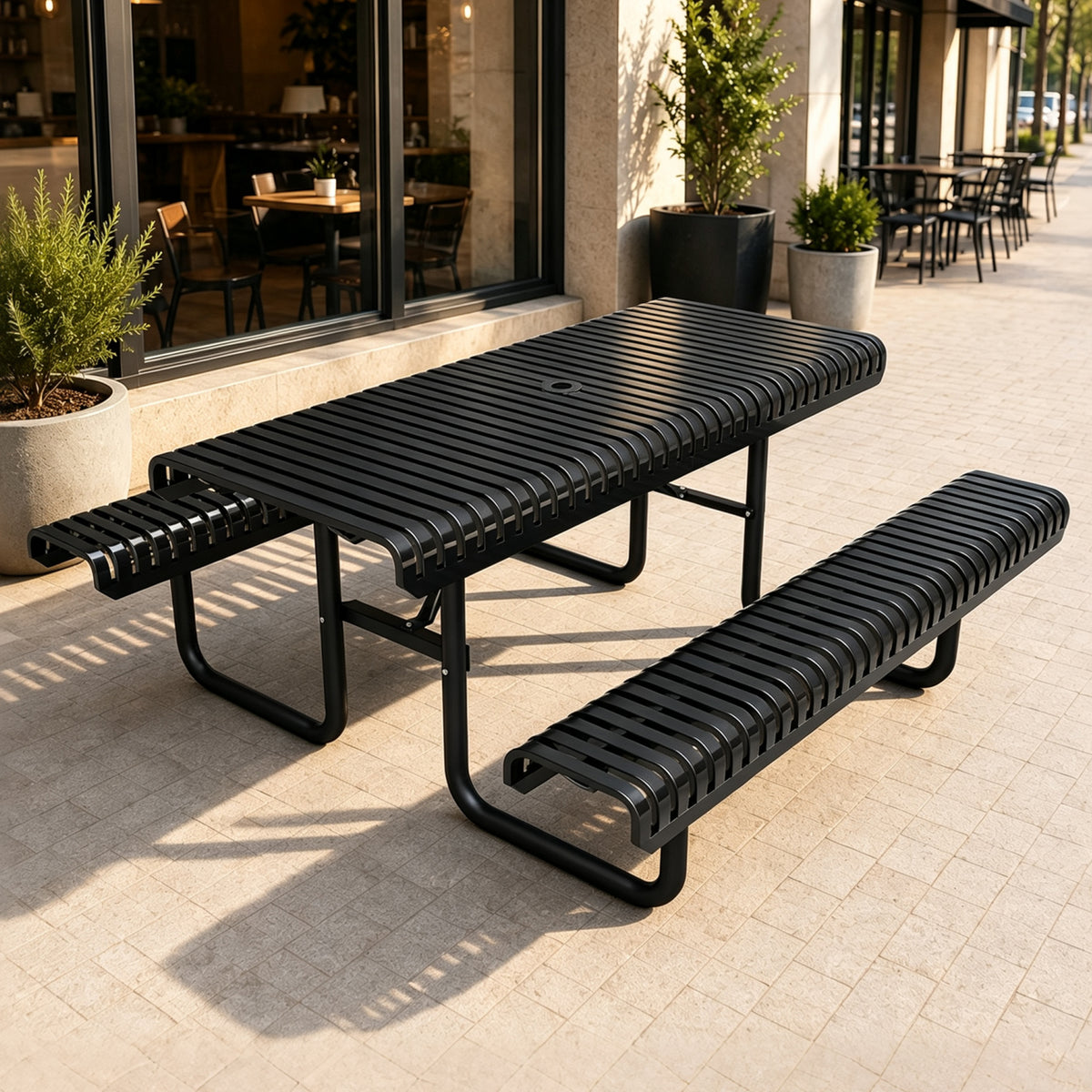 Black Metal Outdoor Dining Table with Umbrella Hole