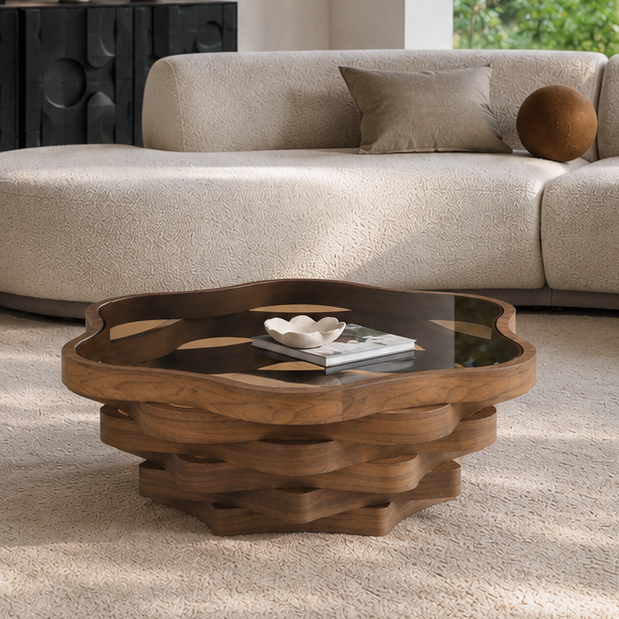 Walnut Glass Top Coffee Table, 35.8 in
