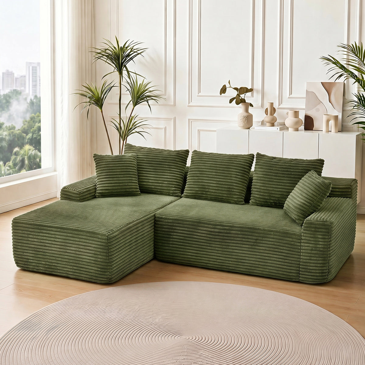 Green L-Shaped Modular Sectional Couch, 95 in Wide, Left-Facing