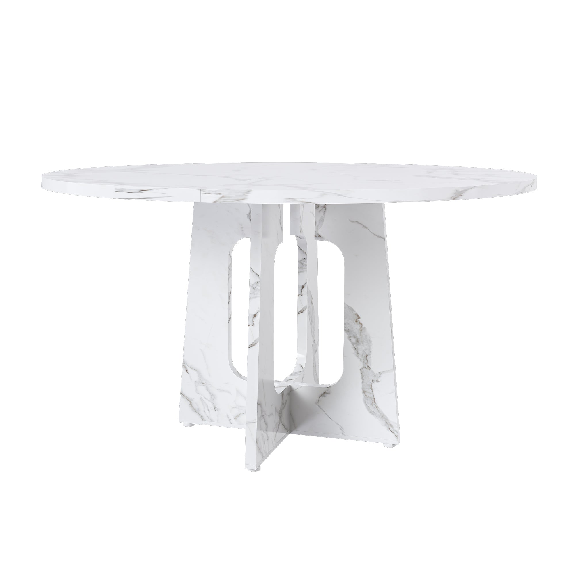 White faux marble round dining table with a cutout cross pedestal base on a plain white background, side view