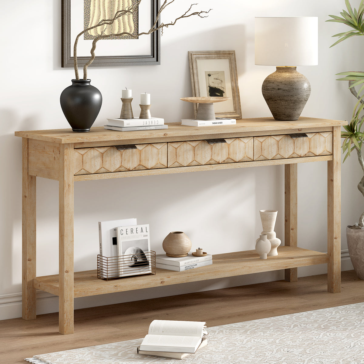 Natural Entryway Console Table, 3 Drawers, 58.3 in Wide