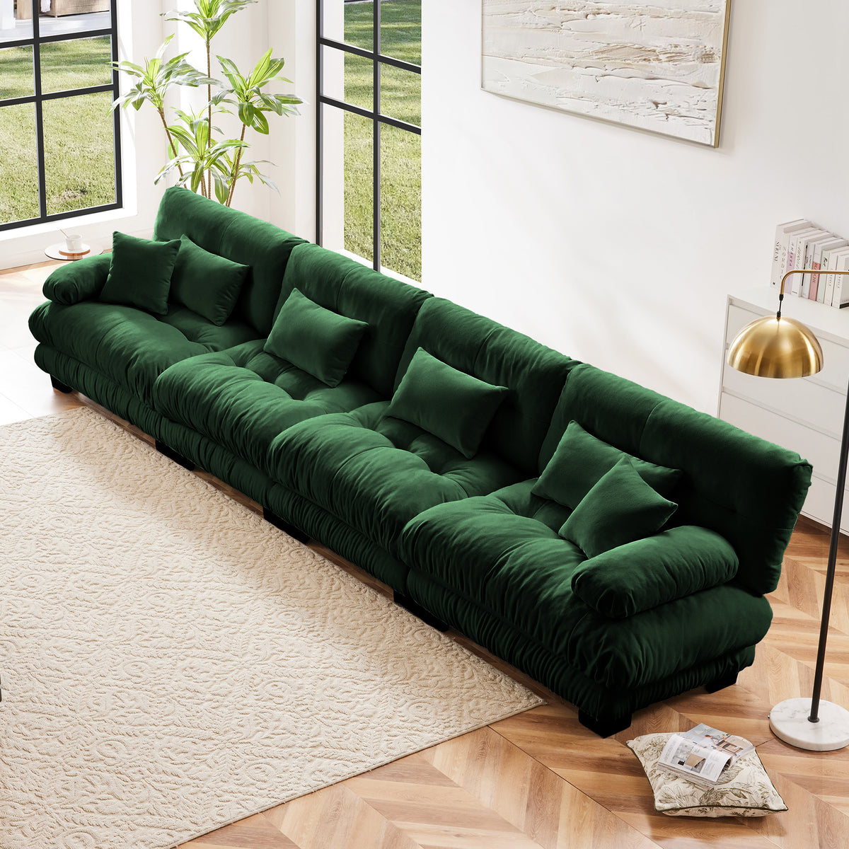 Green Chenille Modular Sectional Couch, Deep Seat, 4-Seat