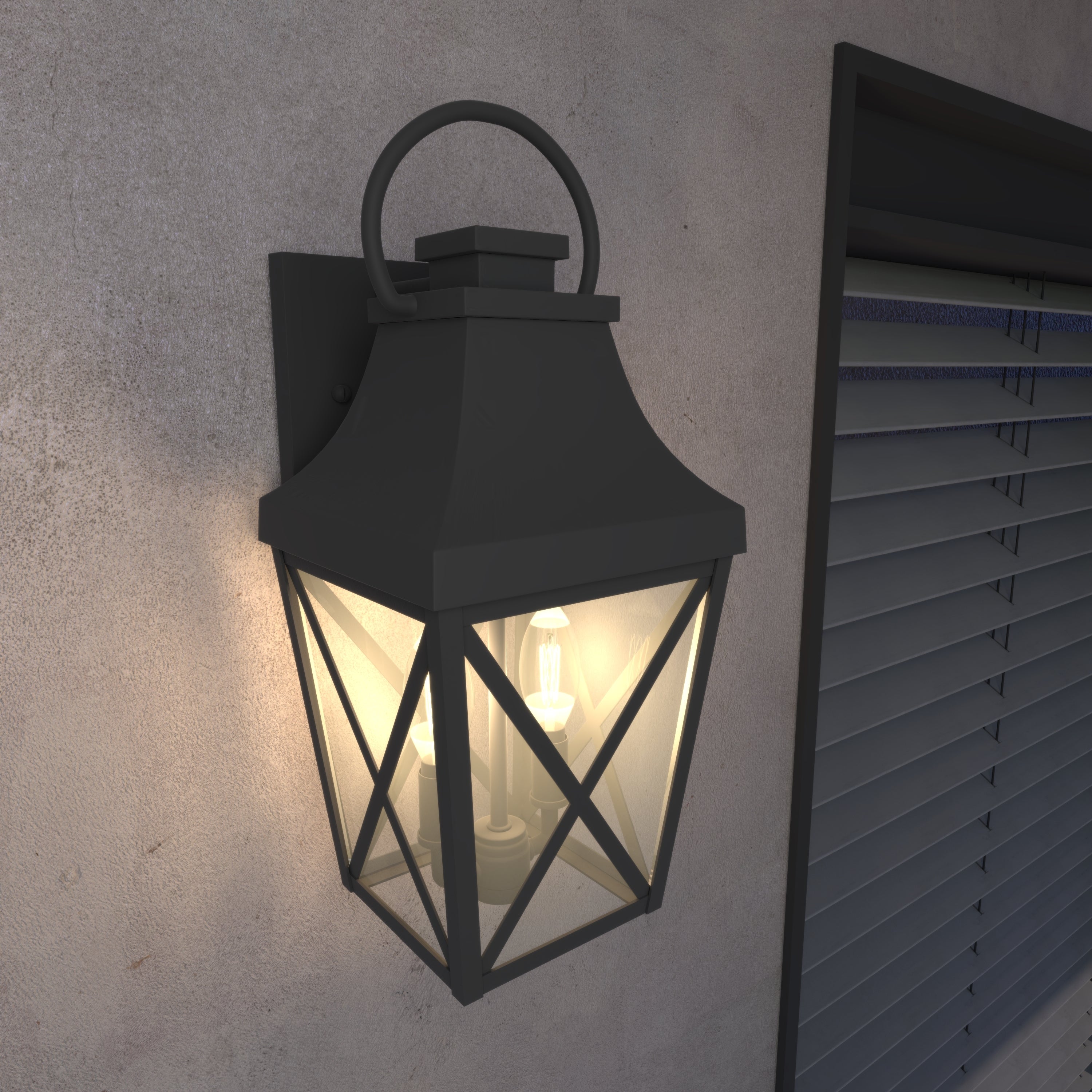 Outdoor Wall Sconce, Two-Light Aluminum Lantern, Glass Shade, Black