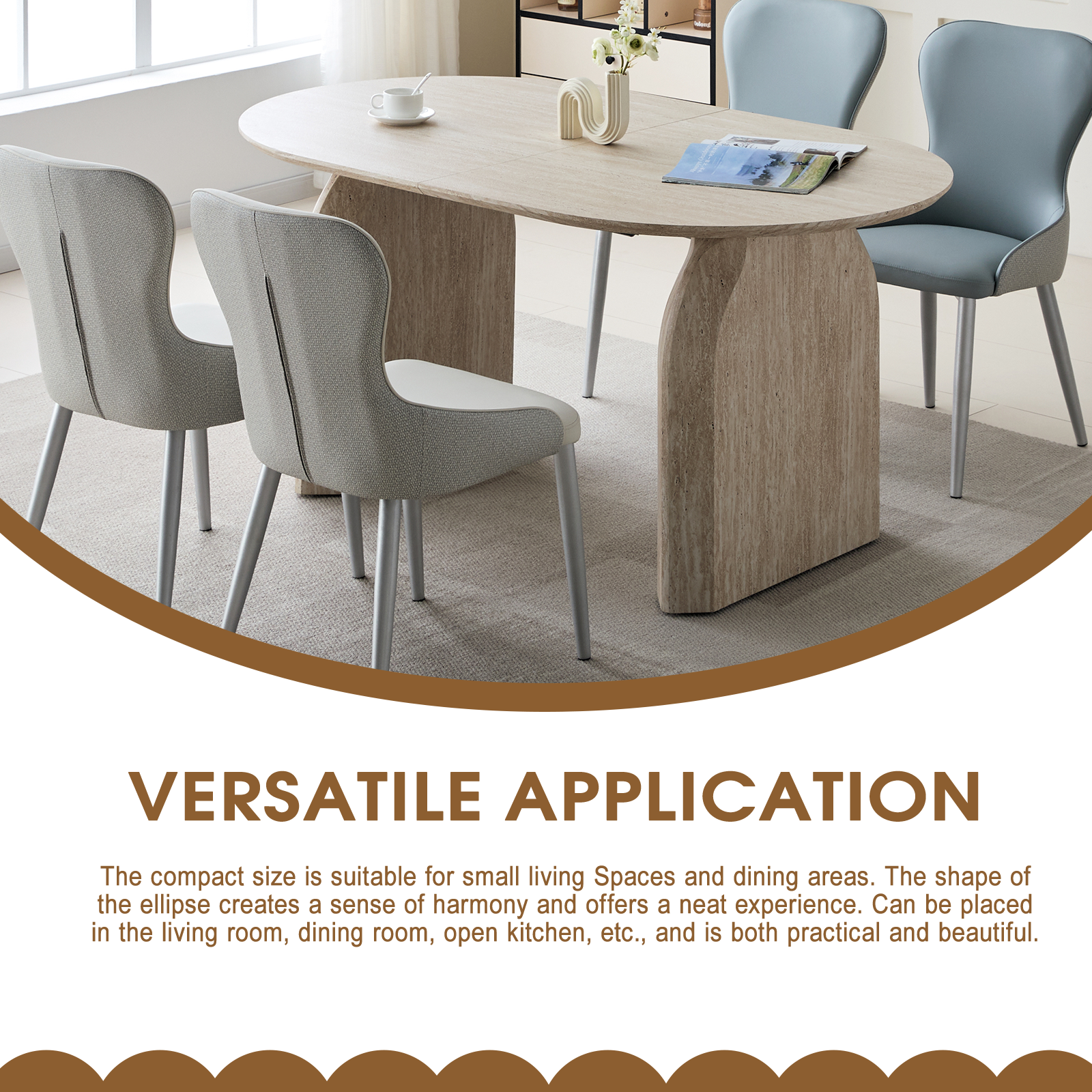 Versatile application graphic showing the oval table set with gray and blue dining chairs