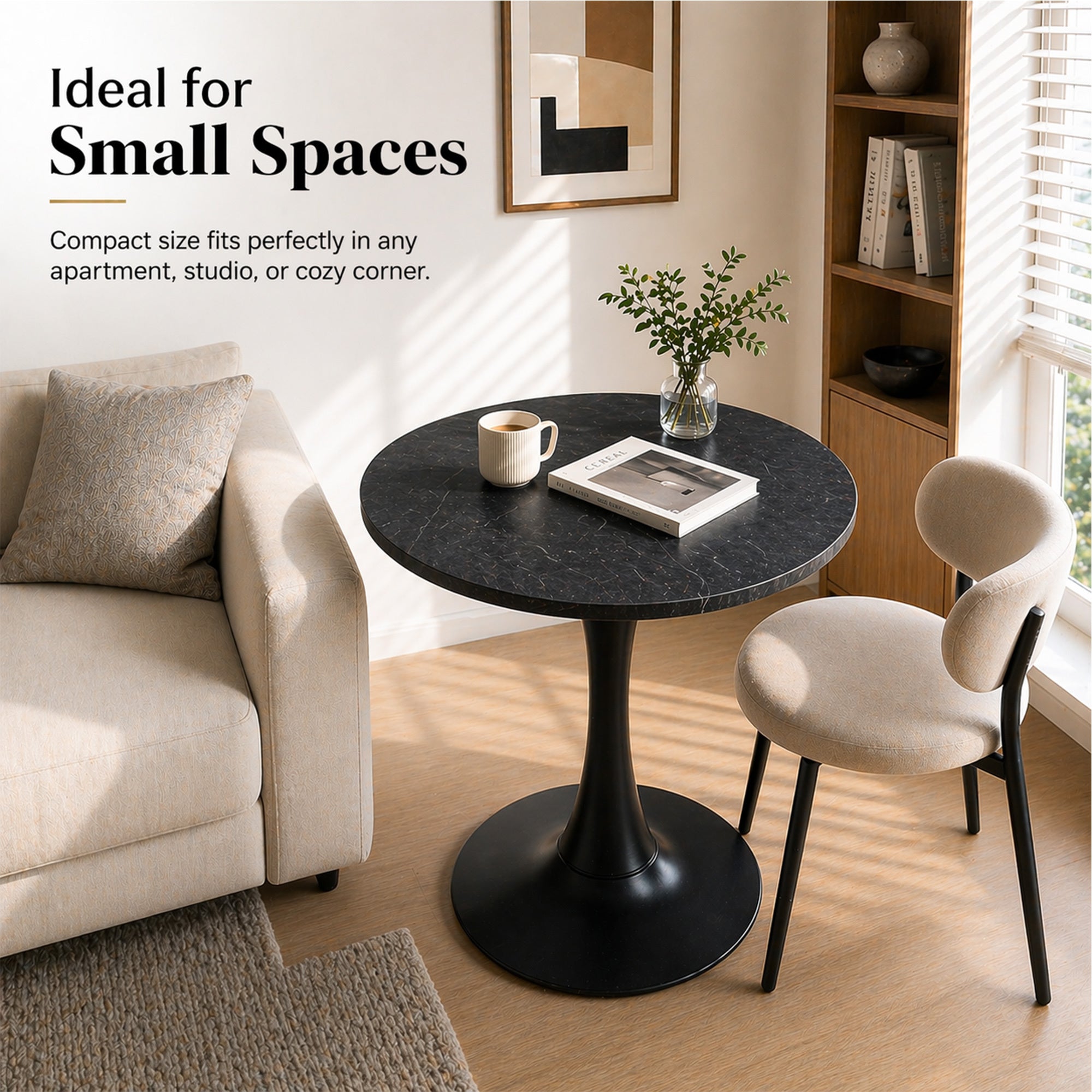 Feature graphic titled ideal for small spaces showing the black bistro table in a cozy corner nook