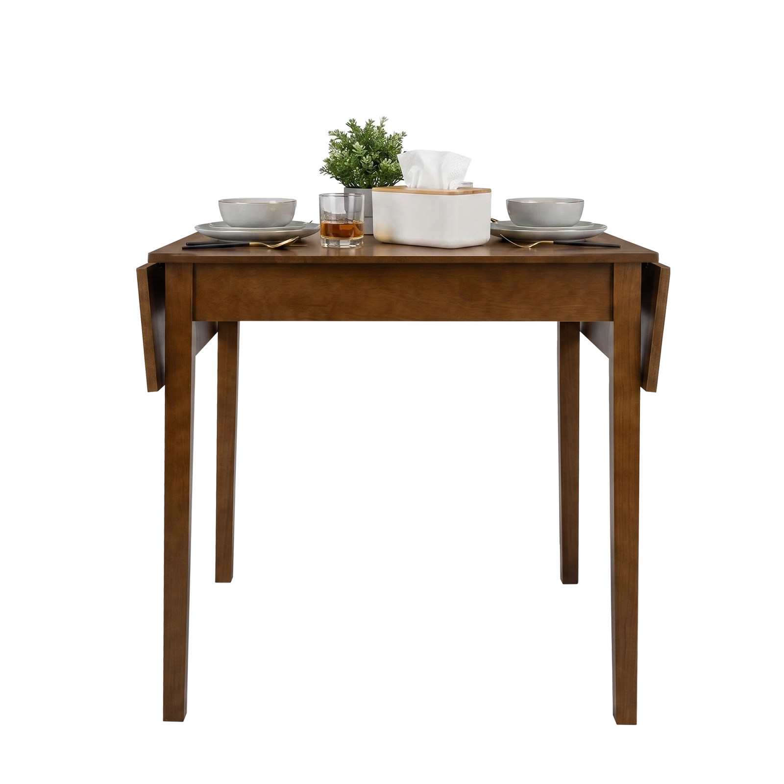Walnut drop-leaf table with leaves folded down and place settings on a plain white background, front view