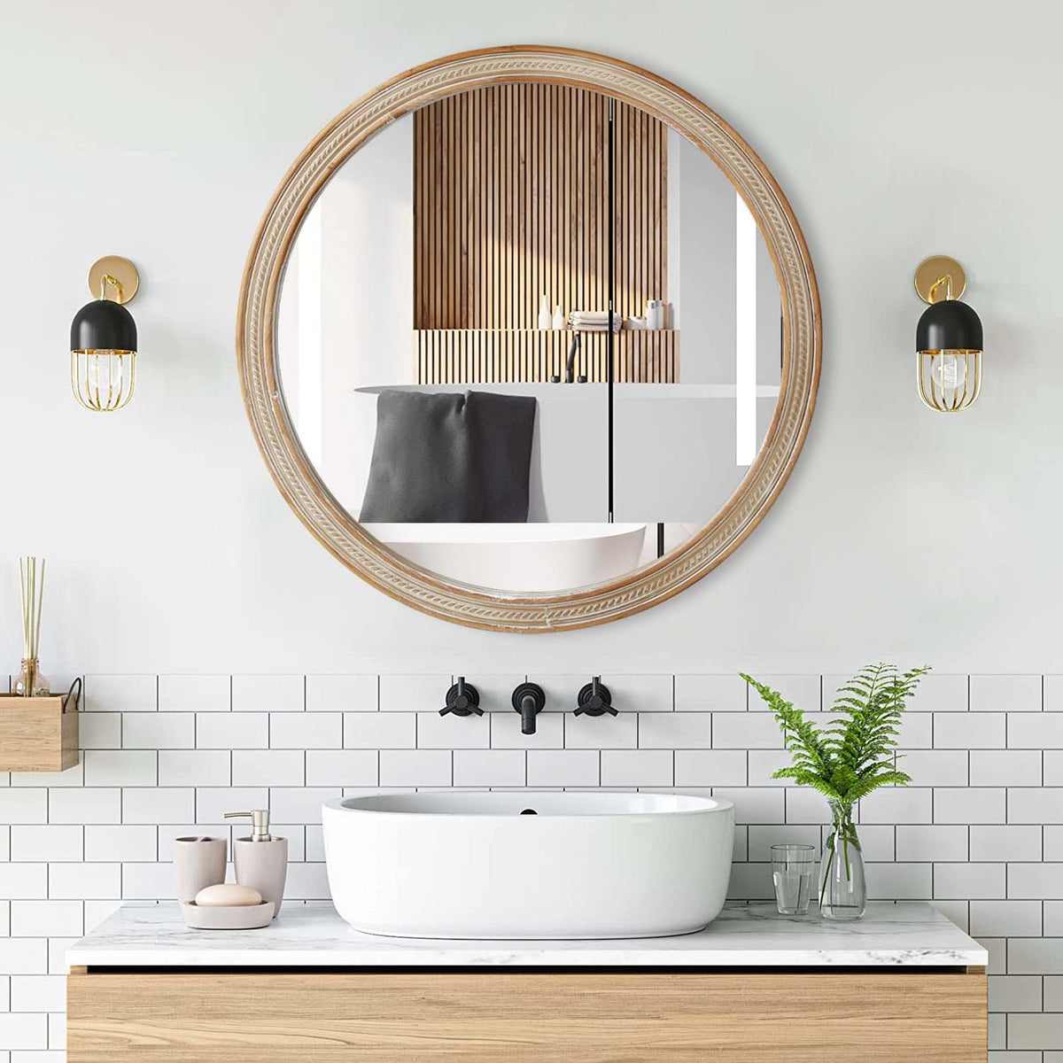 Round Vanity Mirror with Woven Texture Frame, Natural