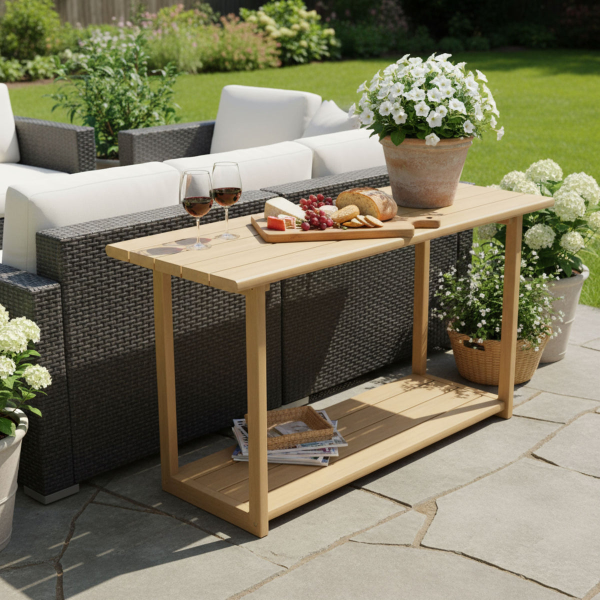 Teak Finish Solid Wood Rectangular Outdoor Console Table, 59.8 in Wide