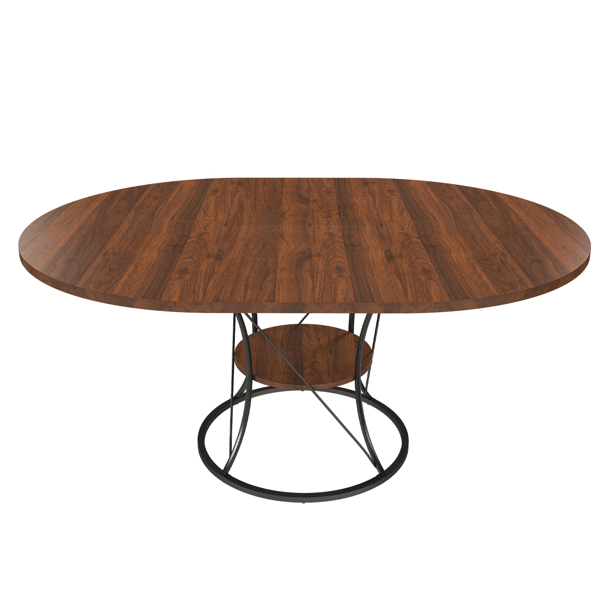 Walnut table extended to oval mode with black iron base on a plain white background, three-quarter view