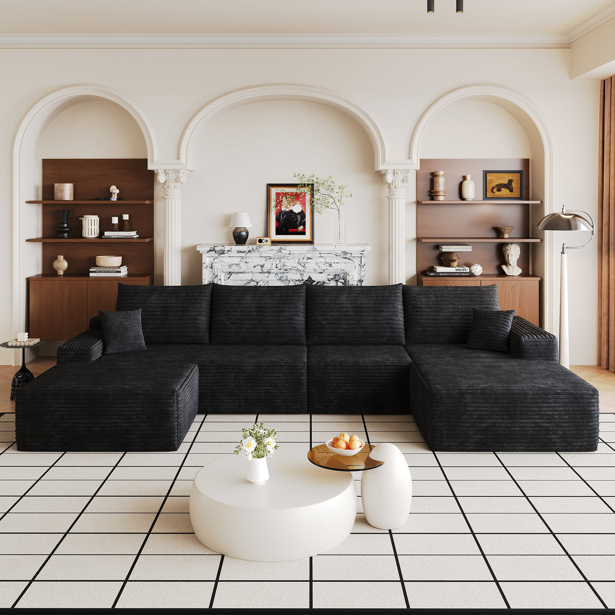 Black Corduroy U-Shaped Sectional, Right-Facing, 135 in Wide