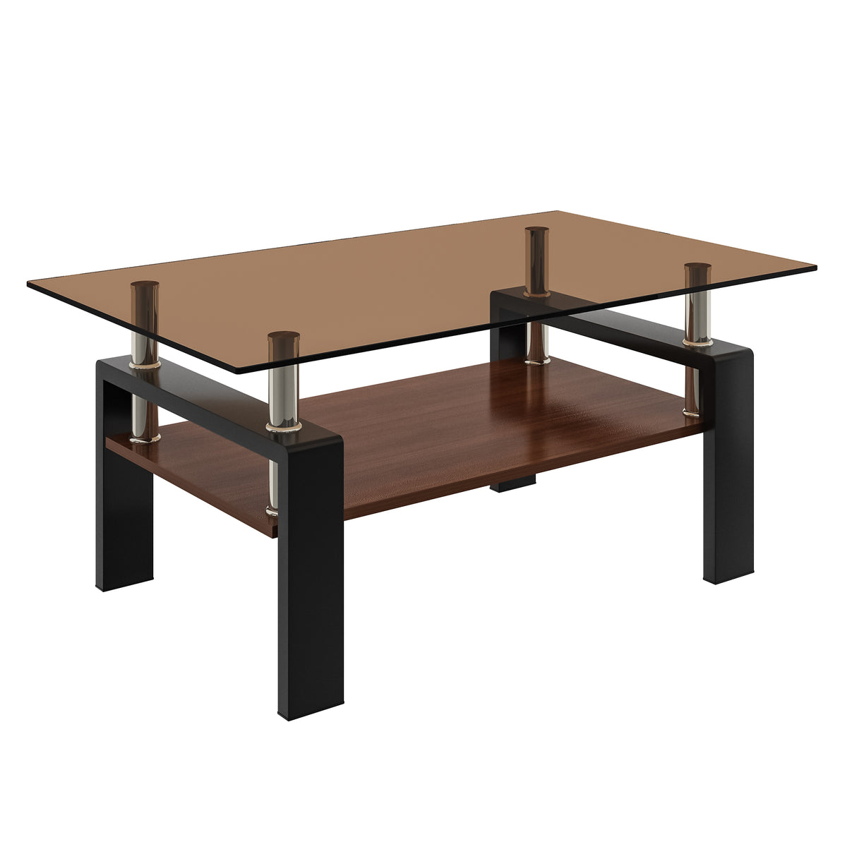 Brown Glass Top Rectangular Coffee Table with Storage, 39.2 in