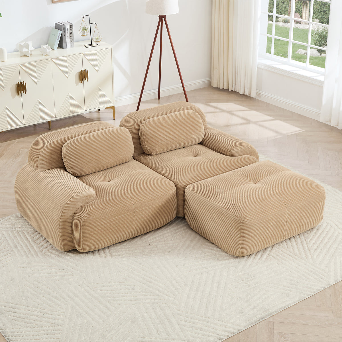Camel Corduroy L-Shaped Modular Sectional Couch, 82 in Wide