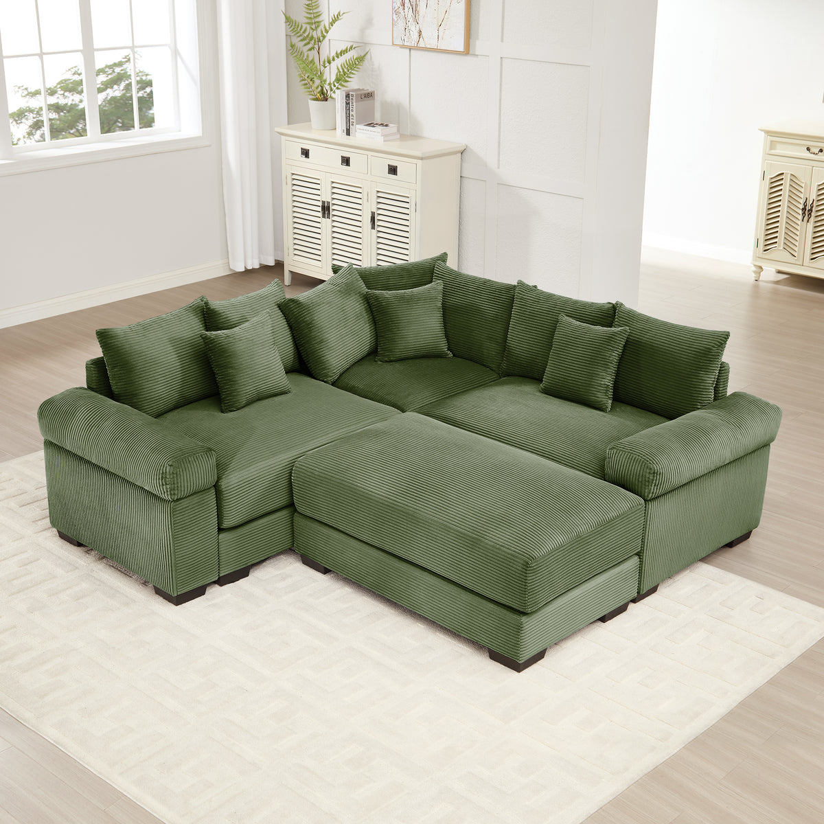 Green Corduroy Modular Sectional with Ottoman, 3-Seat