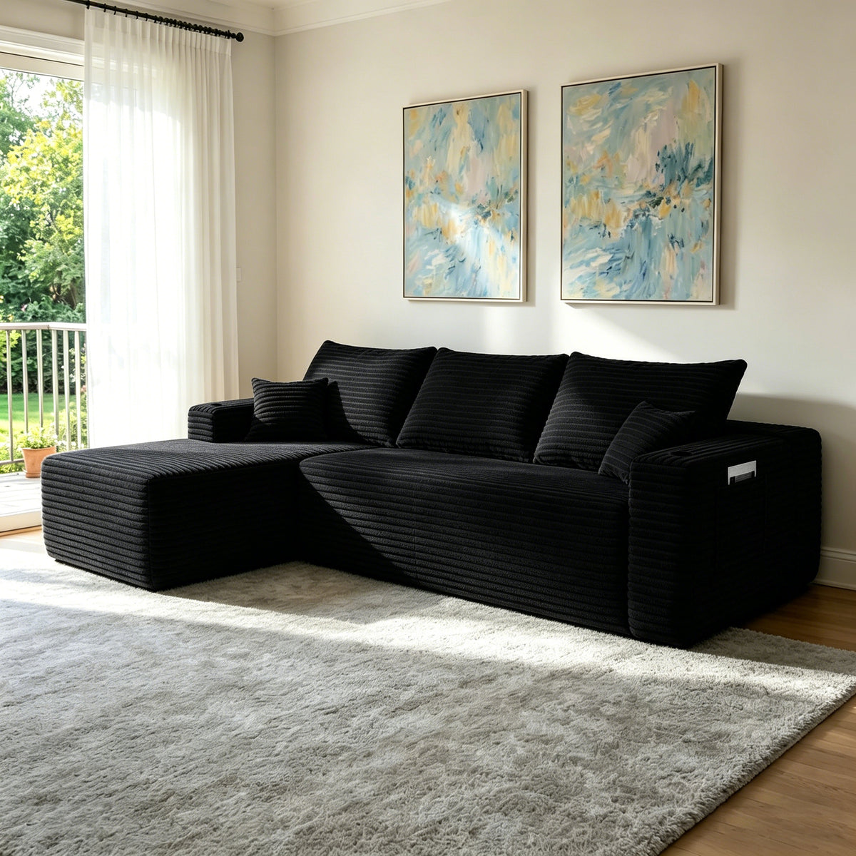 Black L-Shaped Modular Sectional, 108 in Wide, Left-Facing Chaise
