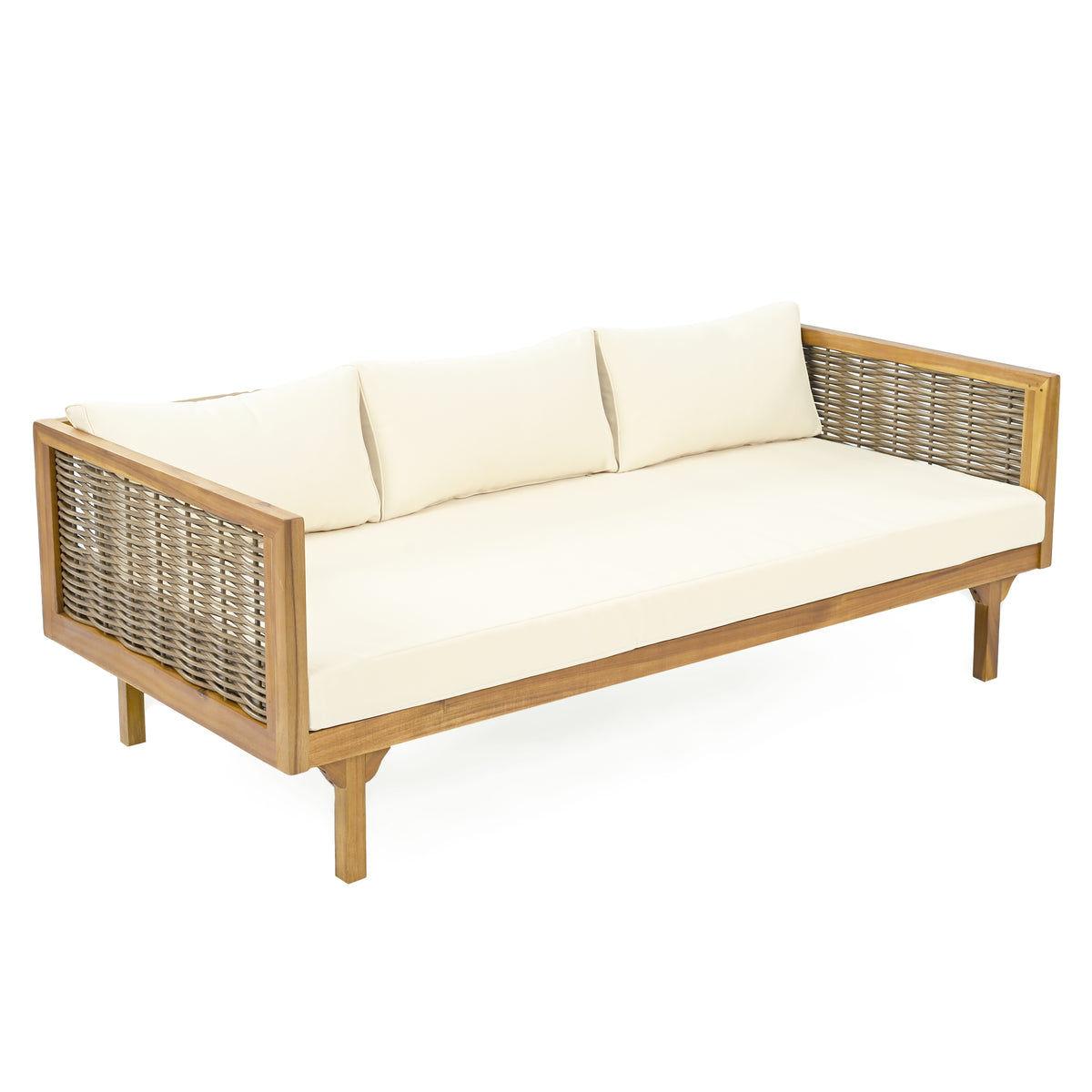 Teak Finish Solid Wood Outdoor Daybed, Beige Cushion