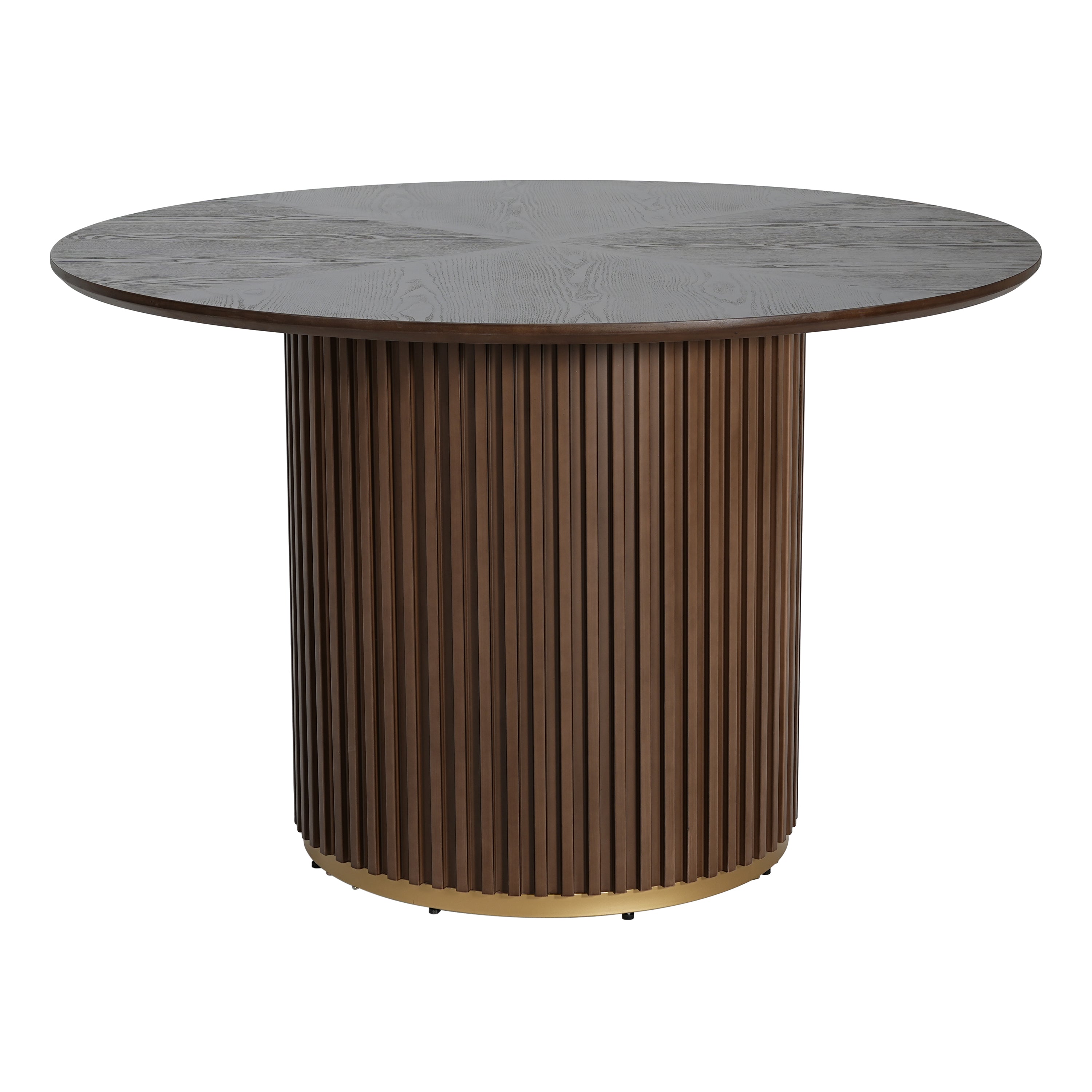Front elevation studio view of the walnut round pedestal dining table
