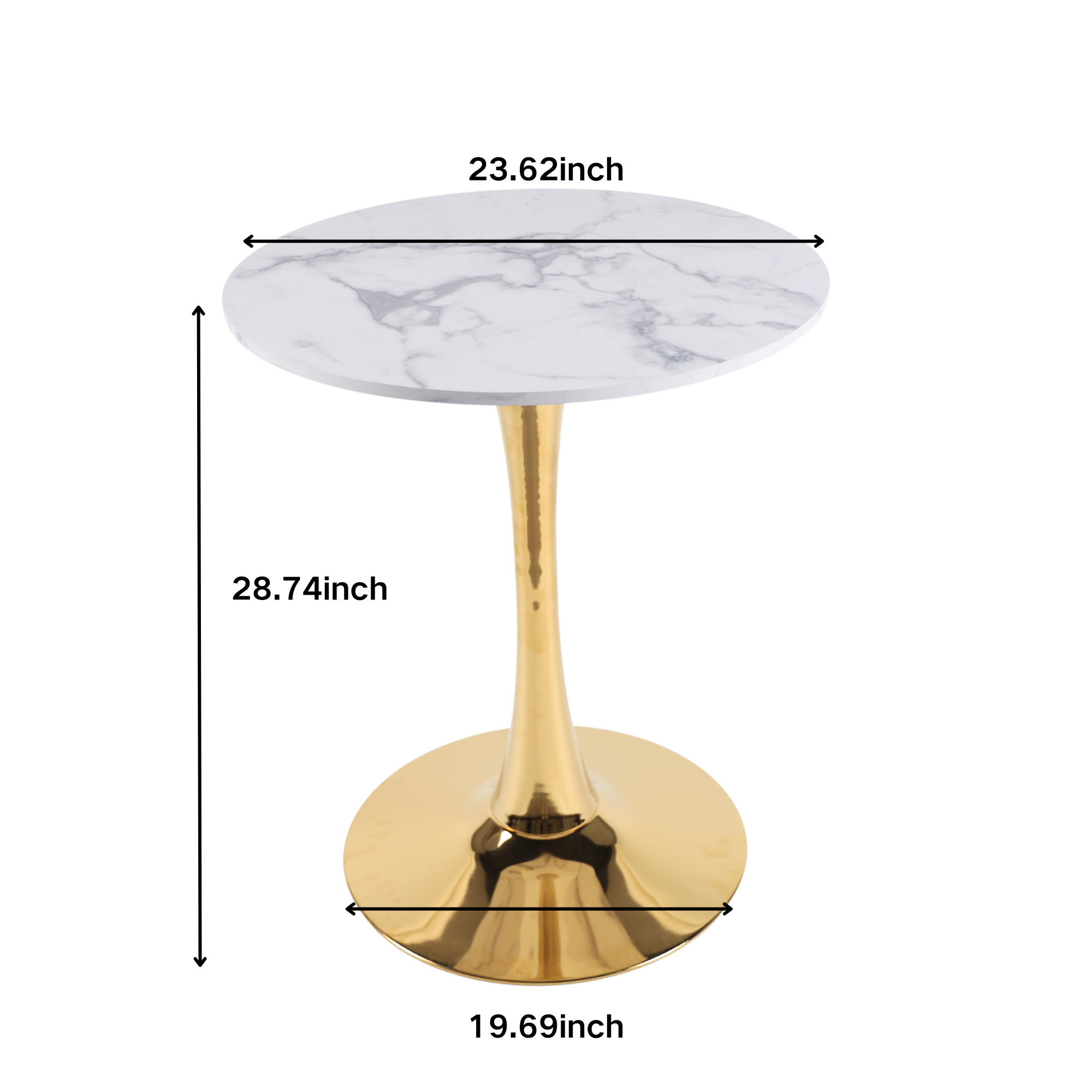 Dimension diagram of the tulip dining table showing a 23.62 inch top and 28.74 inch height