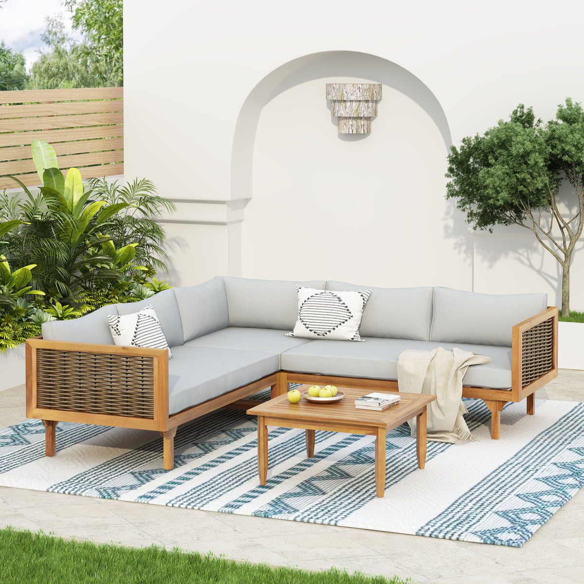 Teak Finish Solid Wood Outdoor Sectional Set, 53.3 in Wide