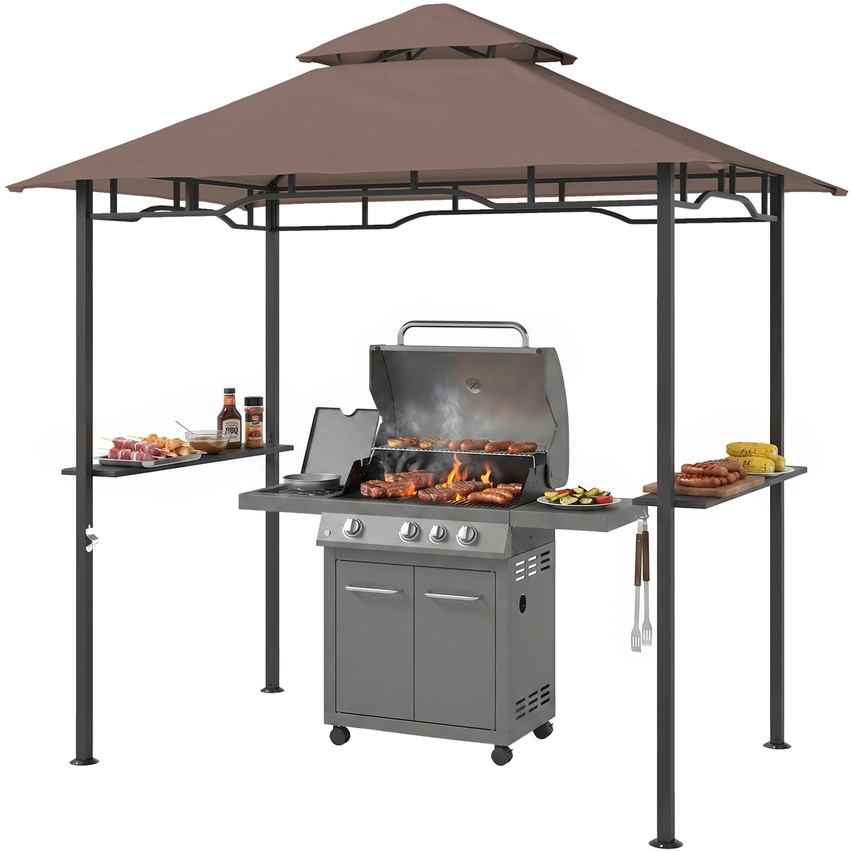 5x8 ft Coffee Metal Double Roof Gazebo with Side Shelves
