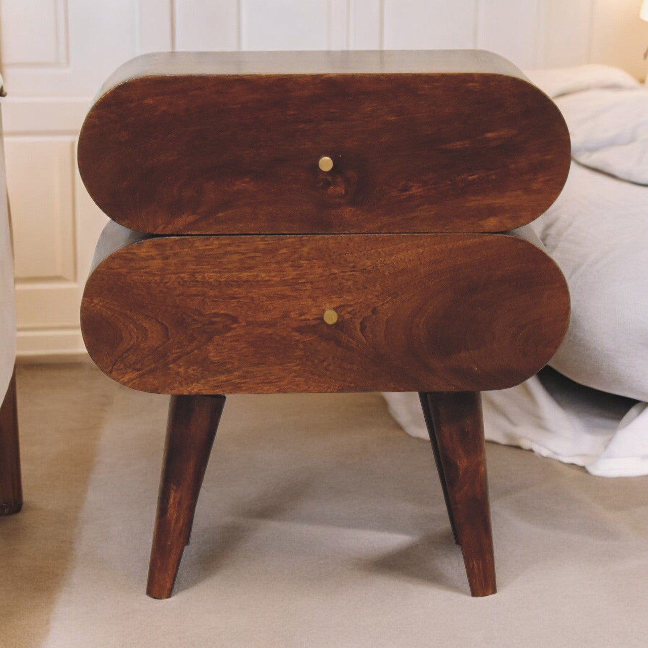 Mid Century Nightstand, 2 Drawers, Solid Mango Wood, Brown