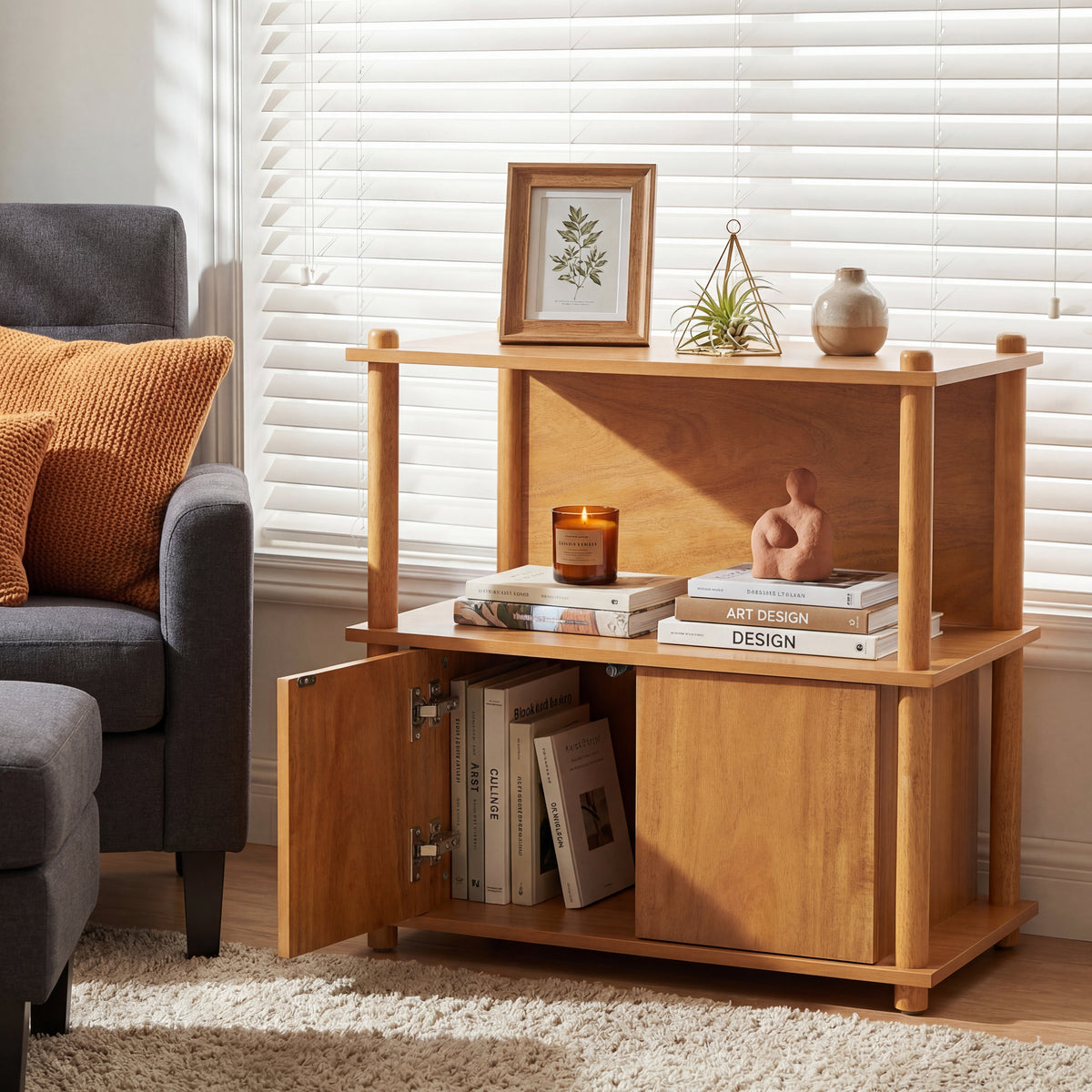 Solid Wood Nightstand with Cabinet and Open Shelves, Natural
