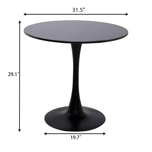 Dimension diagram of black round dining table: 31.5 in top, 29.1 in high, 19.7 in base
