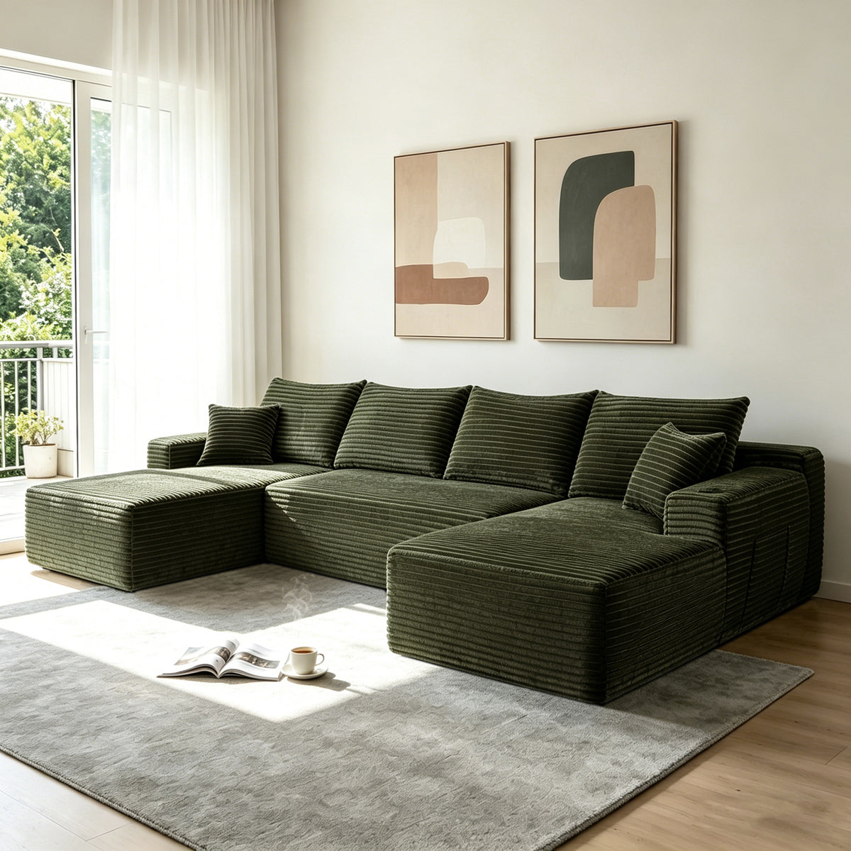 Green U-Shaped Modular Sectional Couch, No Assembly, 134 in Wide
