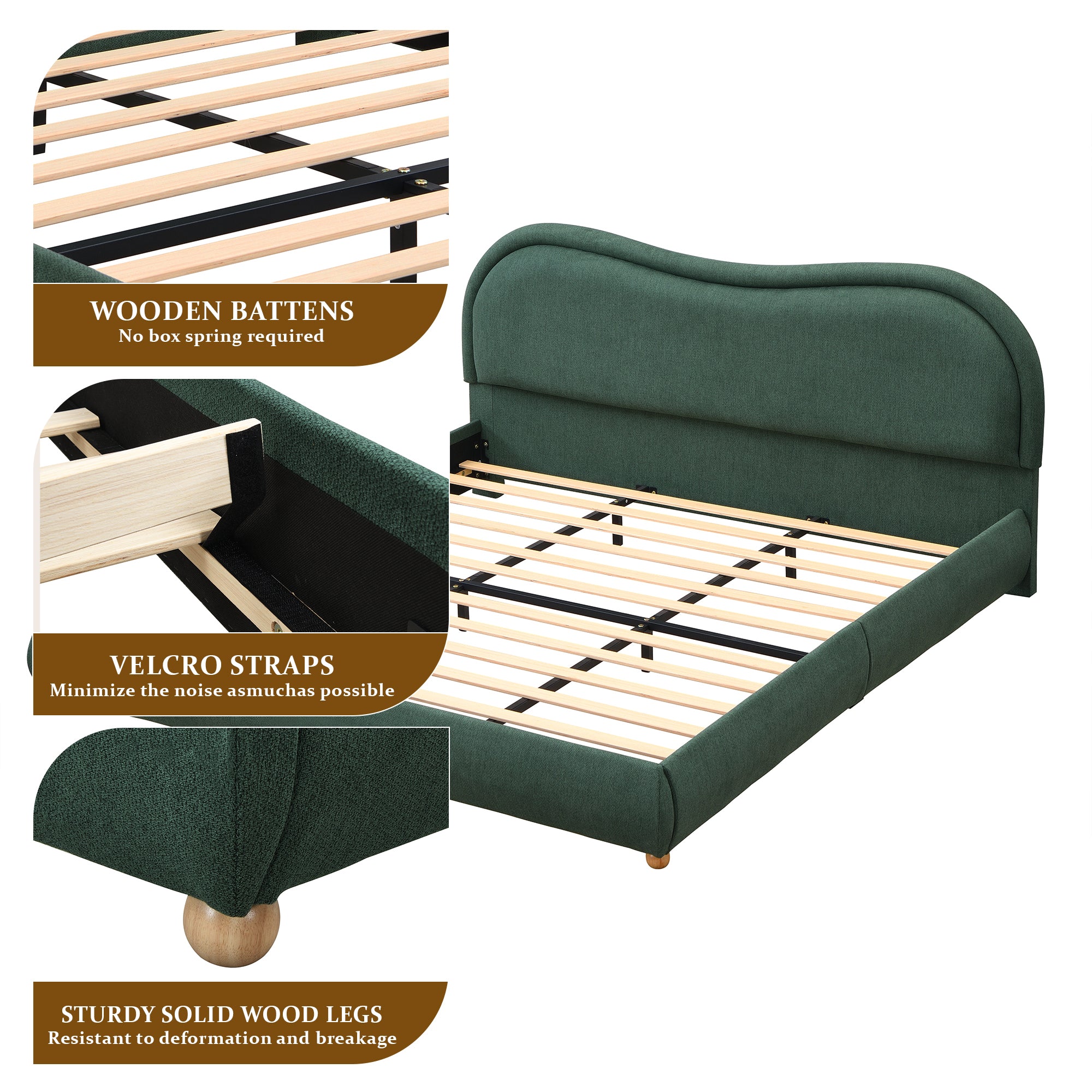Close-up of soft chenille fabric swatch on olive green king bed frame