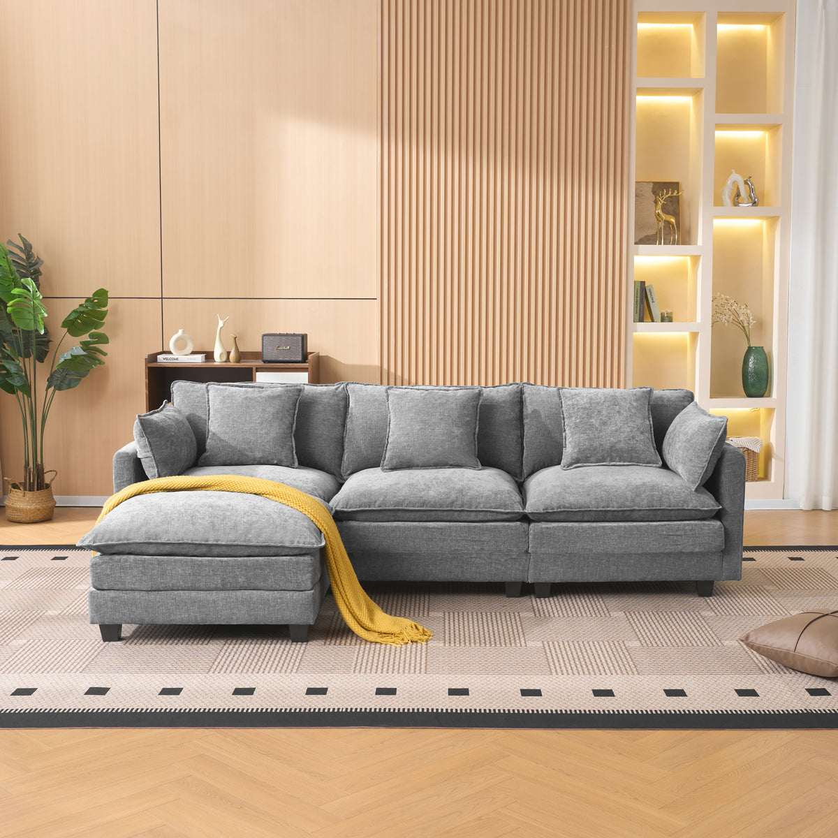 Gray Sectional Couch with Ottoman, 102 in Wide
