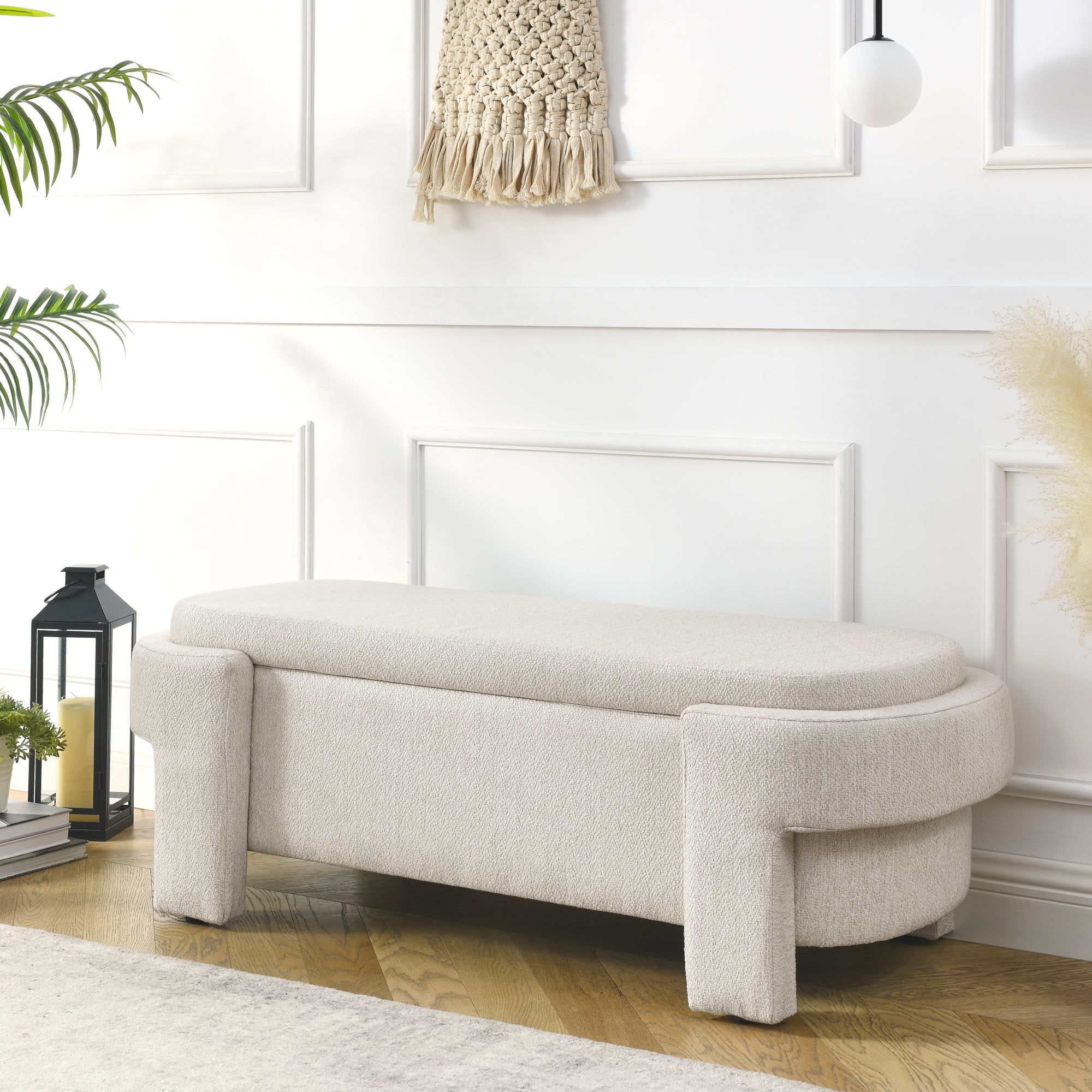 Linen Storage Bench, Beige Oval with Hidden Flip-Top Lid