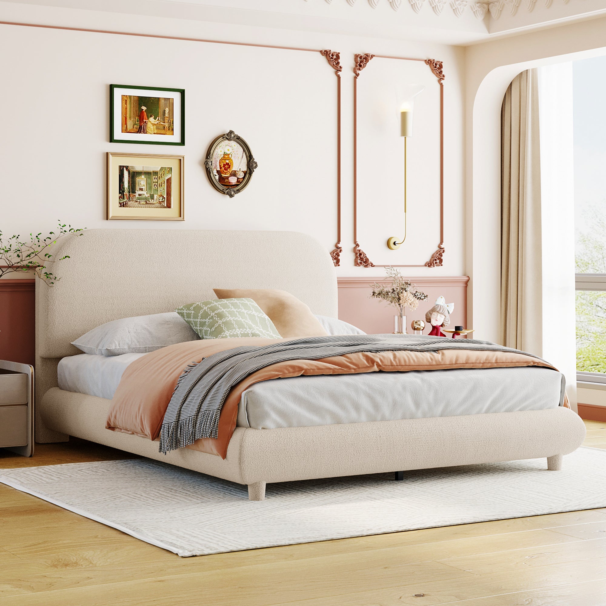 Curved Upholstered Platform Bed, Full Size, Beige Teddy Fleece