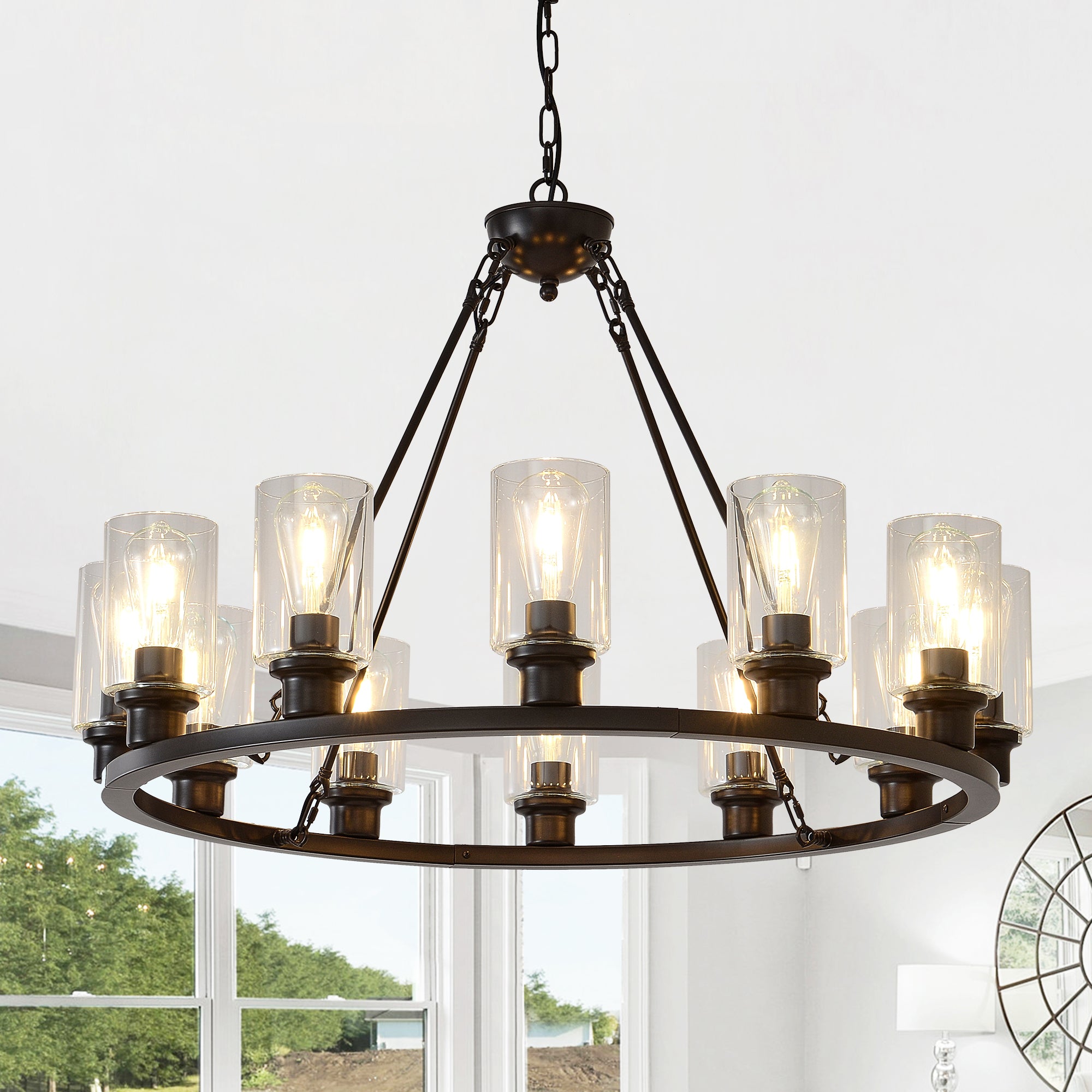 Chandelier, 12-Light Wagon Wheel, Glass Shades, Coffee Finish