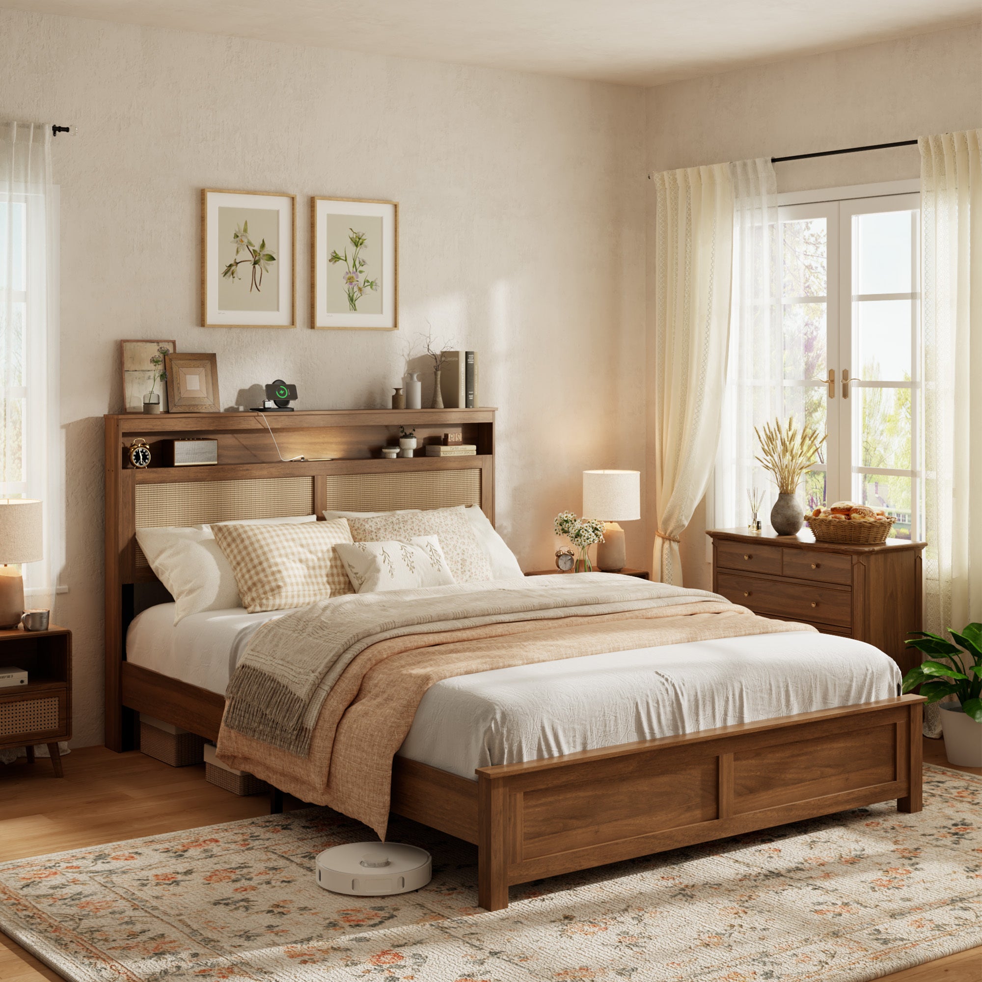 Rattan Headboard Bed Frame with LED Light and Storage Shelf