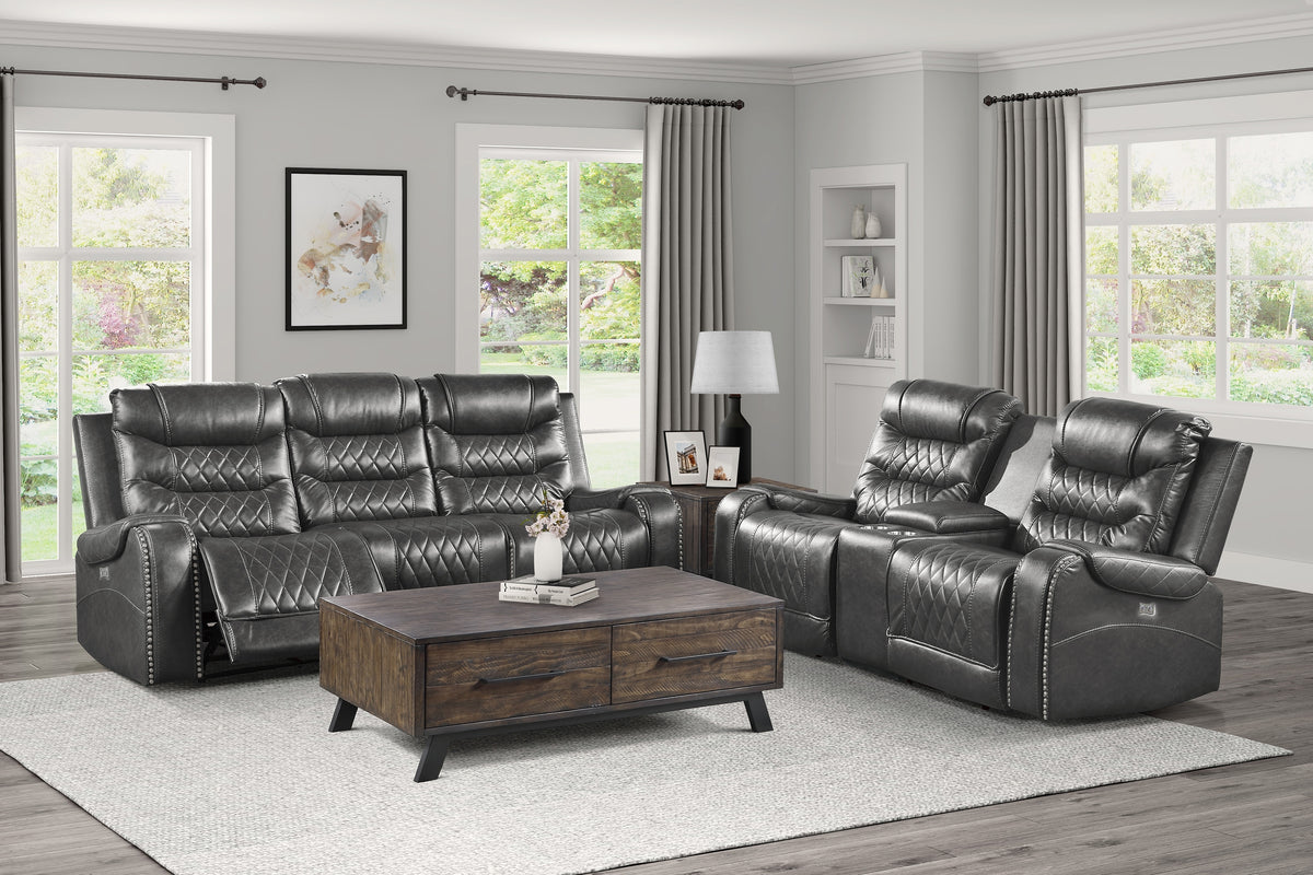 Gray Vegan Leather Power Reclining Sofa and Loveseat Set with Console