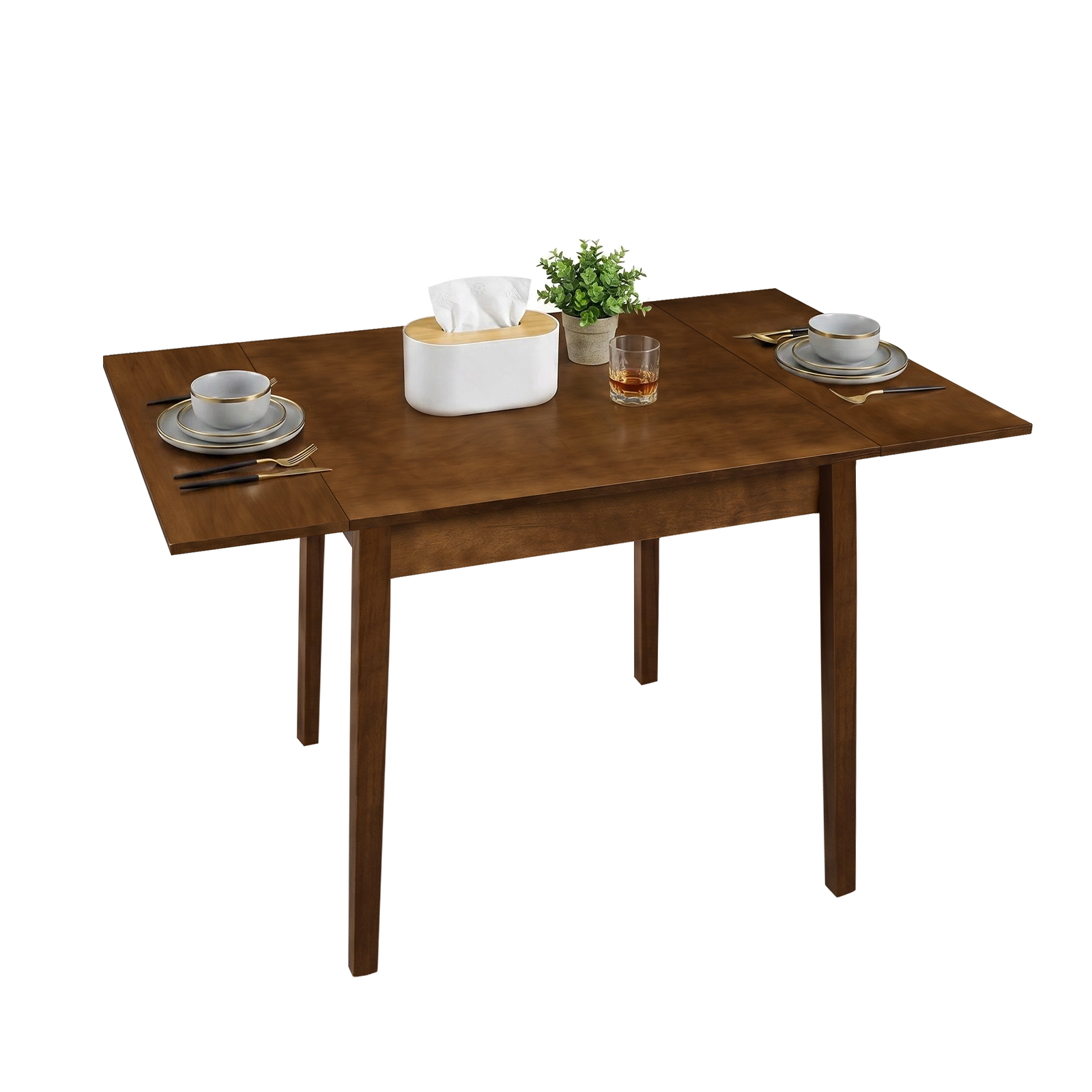 Walnut drop-leaf dining table fully extended with place settings on a plain white background, three-quarter view