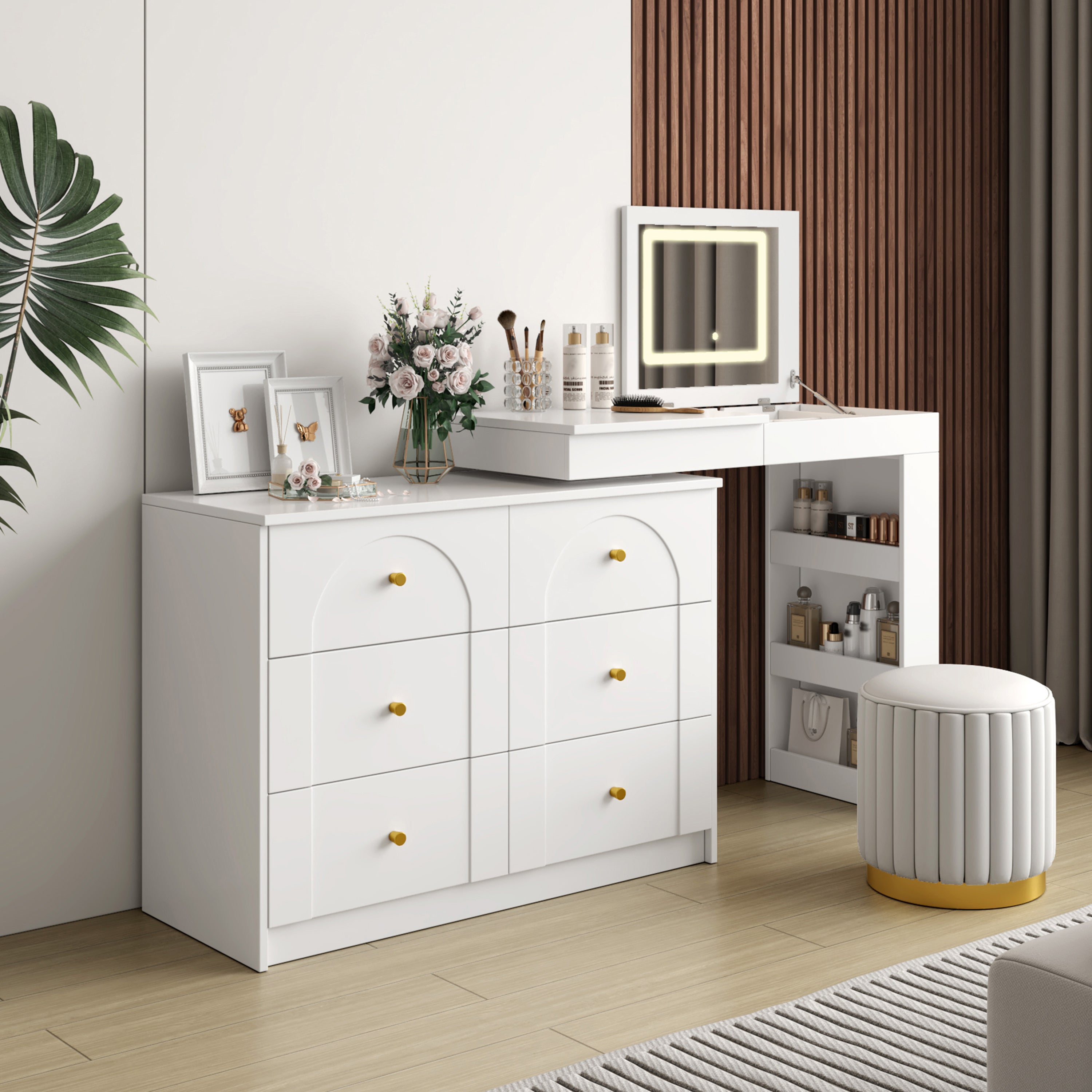 Flip-Top Vanity Desk with Lighted Mirror and 5 Drawers, White