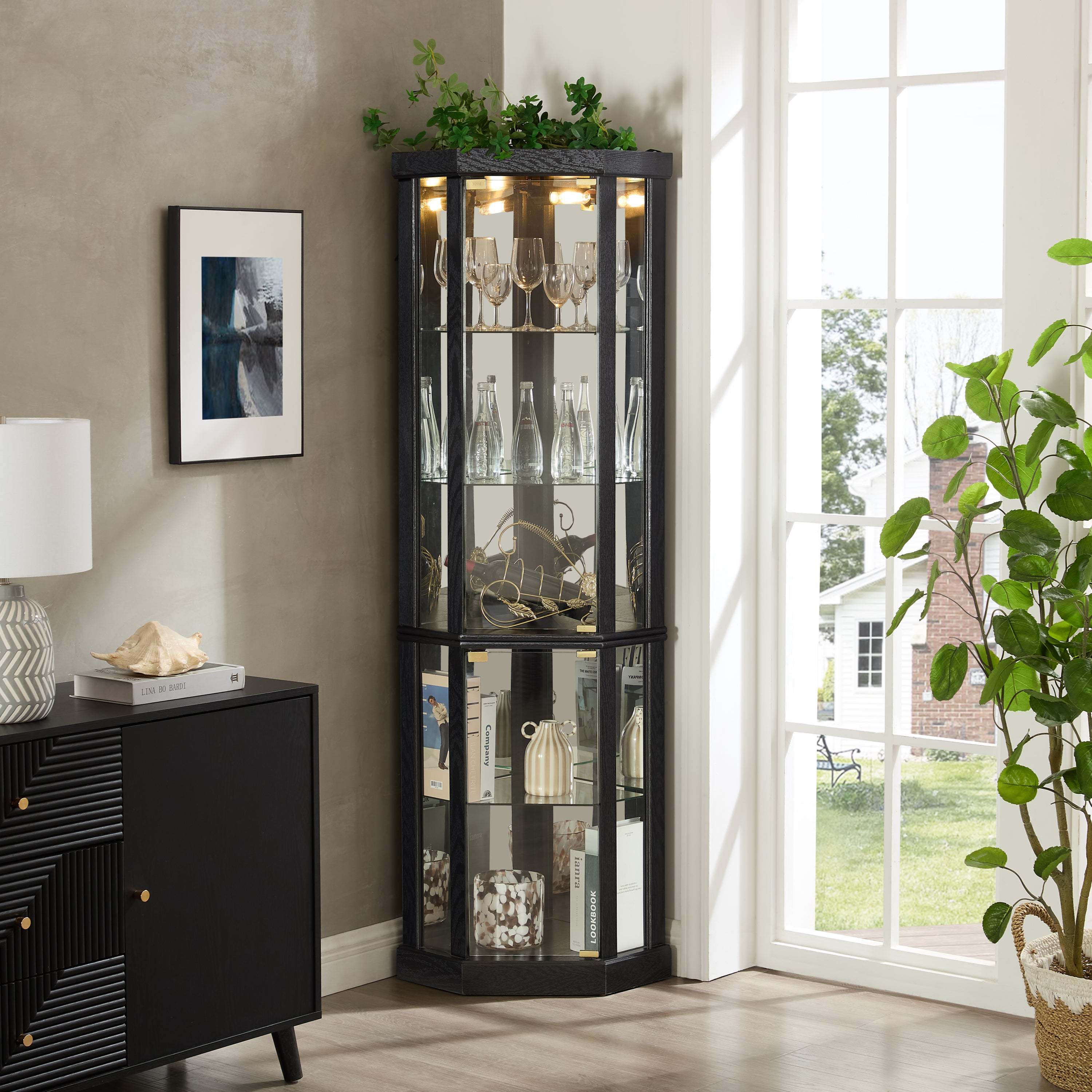 Corner Curio Display Cabinet, Black, Lighted Glass Shelves