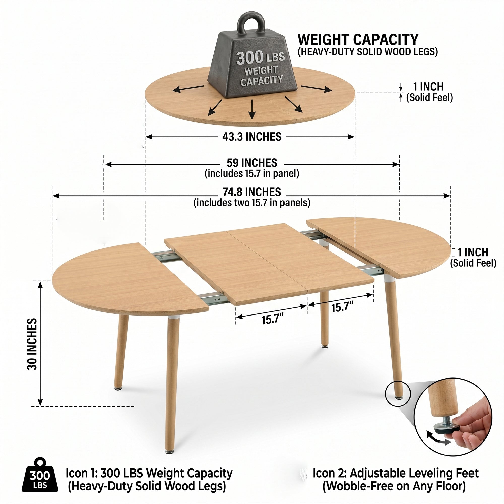 Feature graphic showing 300 lb weight capacity, 43.3 to 74.8 inch sizes and adjustable leveling feet