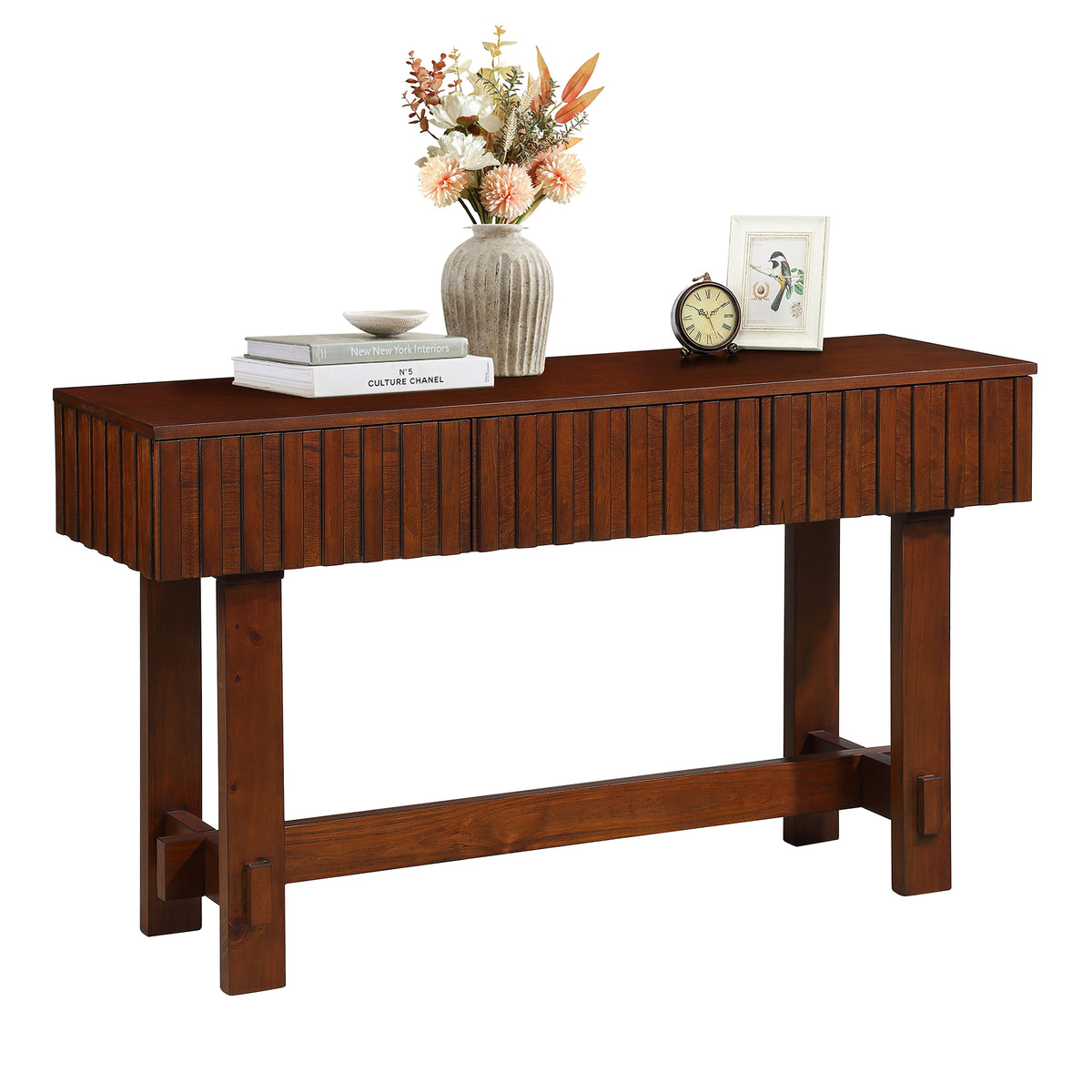 Cherry Fluted Entryway Console Table with Storage, 52 in Wide