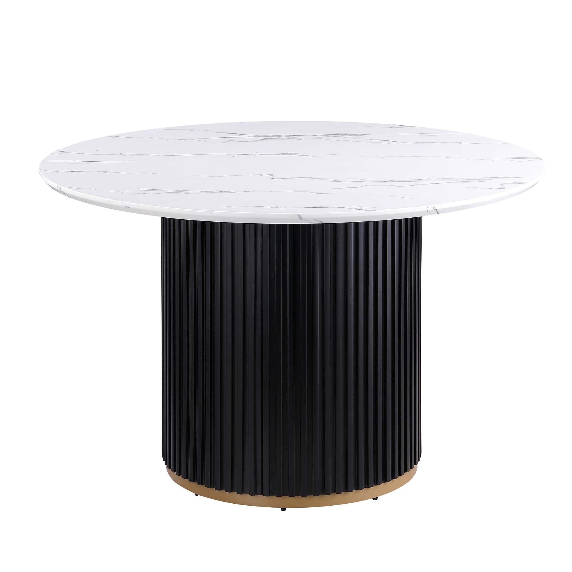 Front studio view of white faux marble round top on black fluted base with gold ring