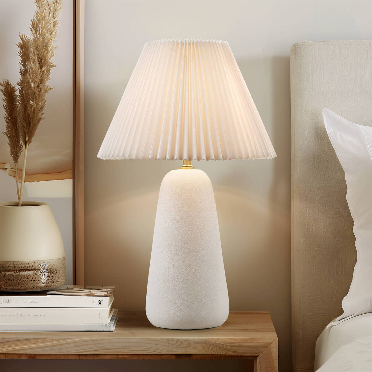Table Lamp with Ceramic Base and Fabric Shade, White