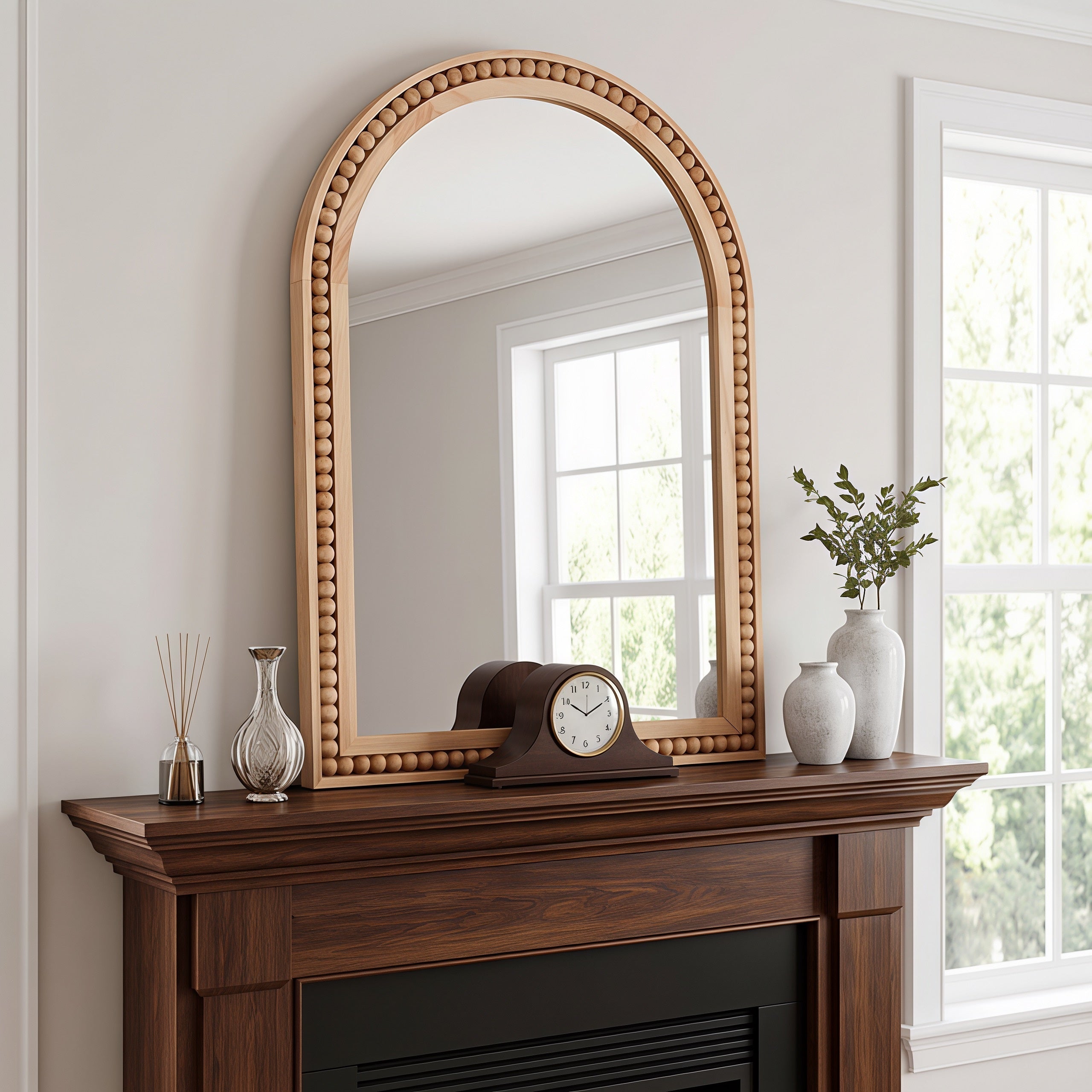 24x36 Beaded Arch Mirror, Natural Solid Wood Frame