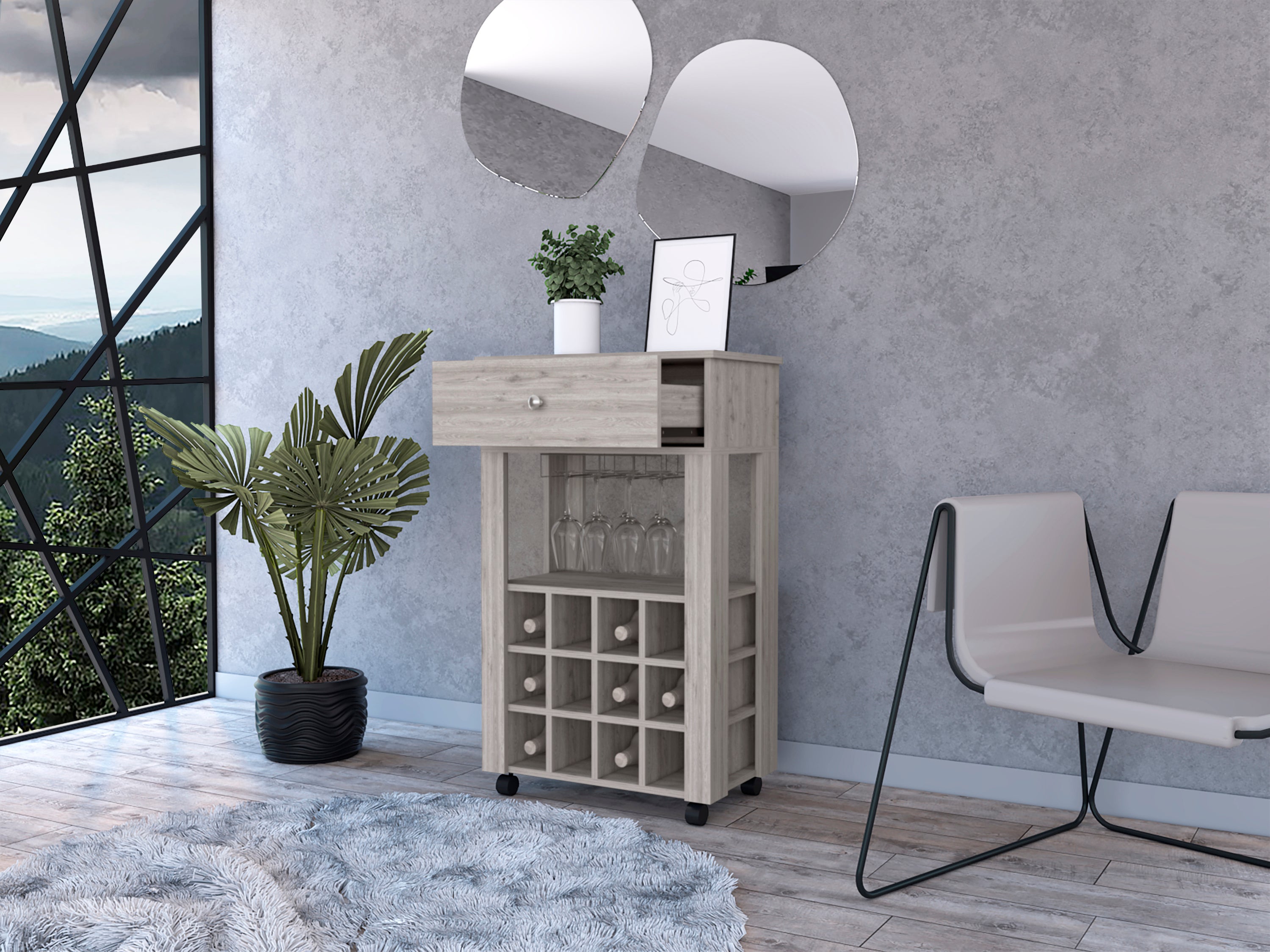 Gray Bar Cart with 12-Bottle Wine Rack, Drawer and Casters