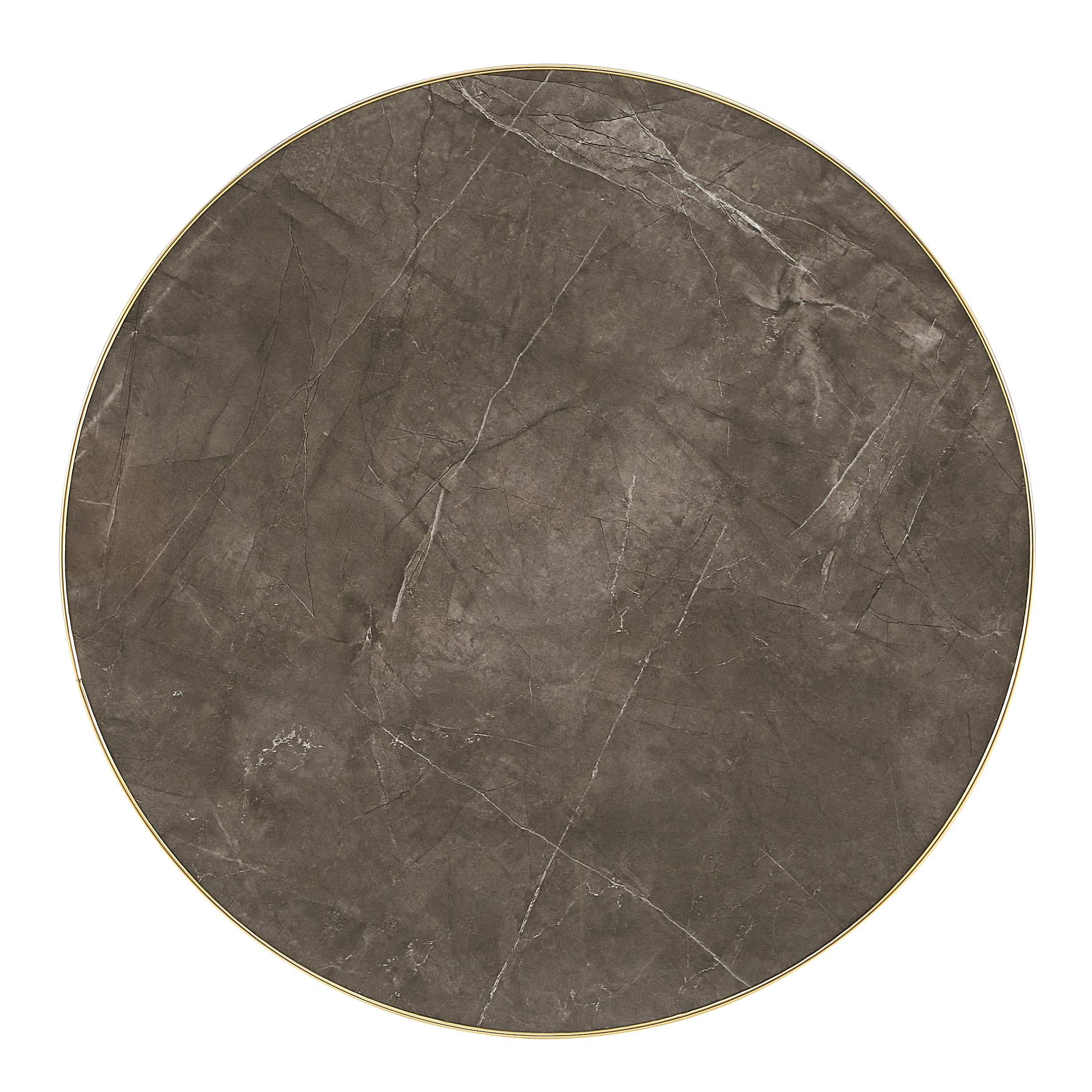 Overhead view of the round gray faux marble tabletop with polished gold edge on a white background