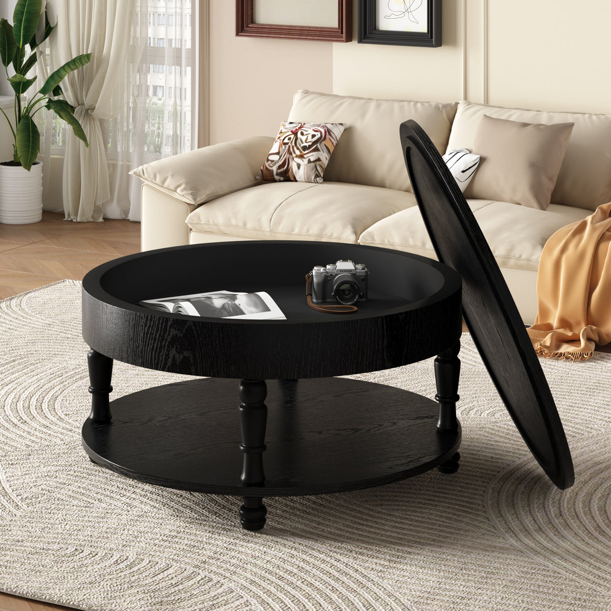 Black Round Coffee Table with Storage, 31.5 in, 21.3 in Tall