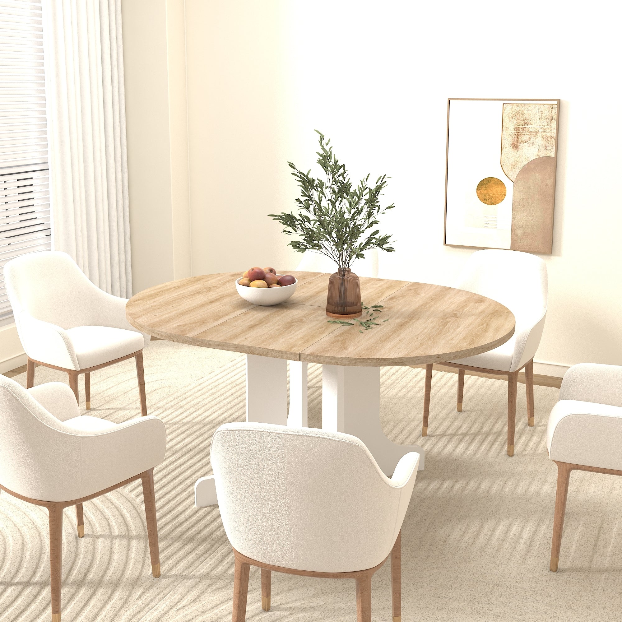 Oval oak-top dining table with white base and cream armchairs in a bright room with abstract art