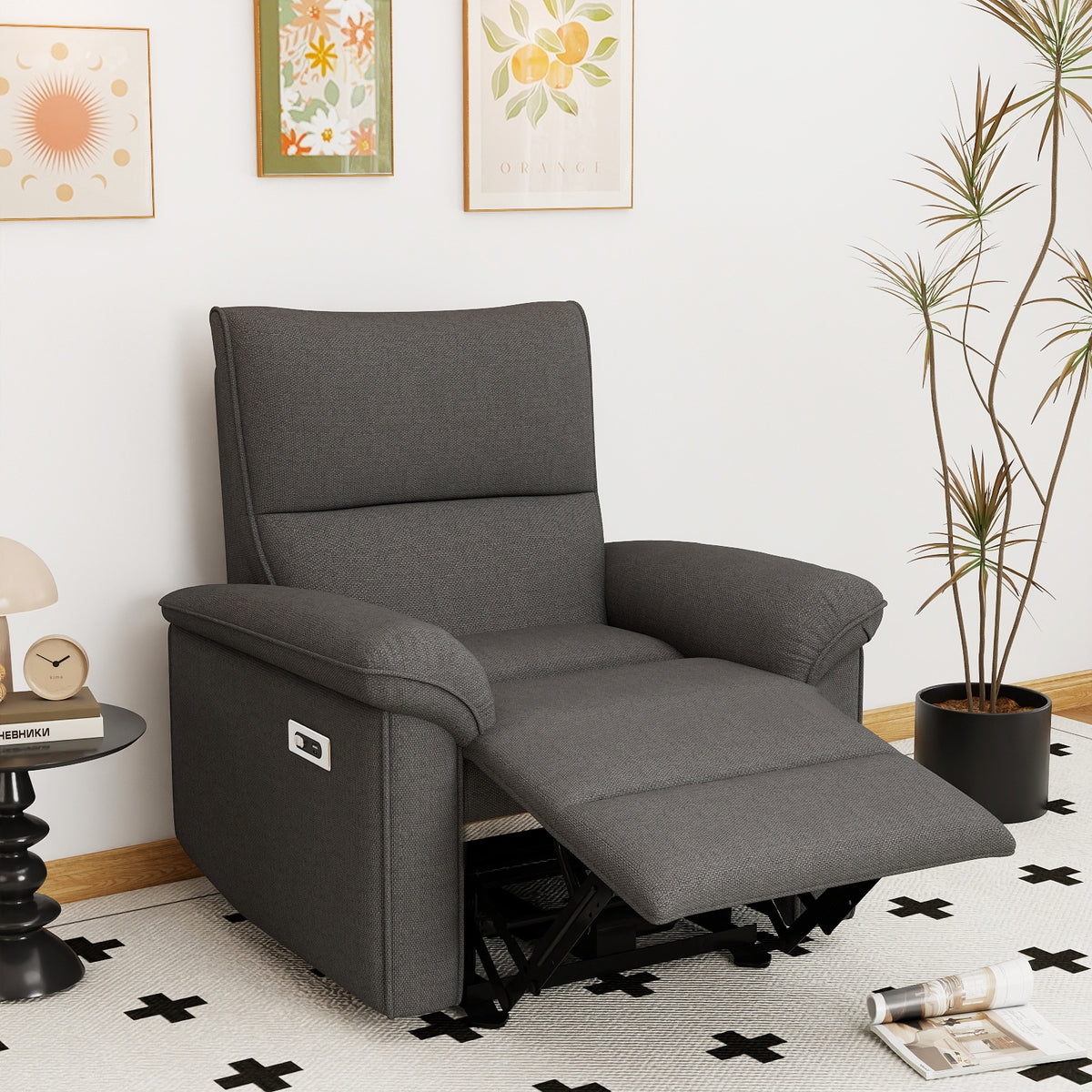 Dark Gray Velvet Power Wall Hugger Recliner, USB Charging